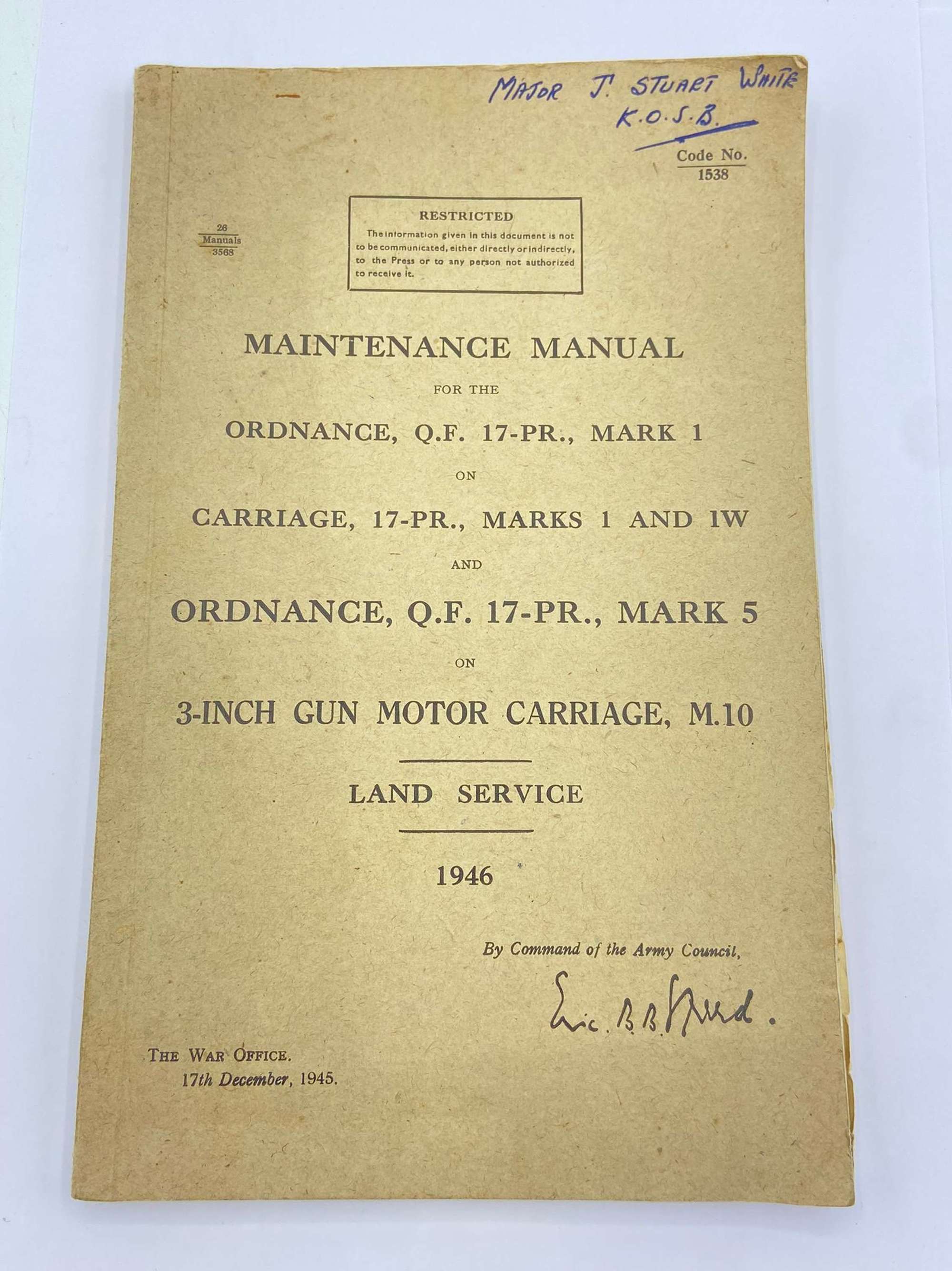 WW2 Majors Maintenance Manual Q.F 17 Pounder 3 Inch Gun Motor Carriage