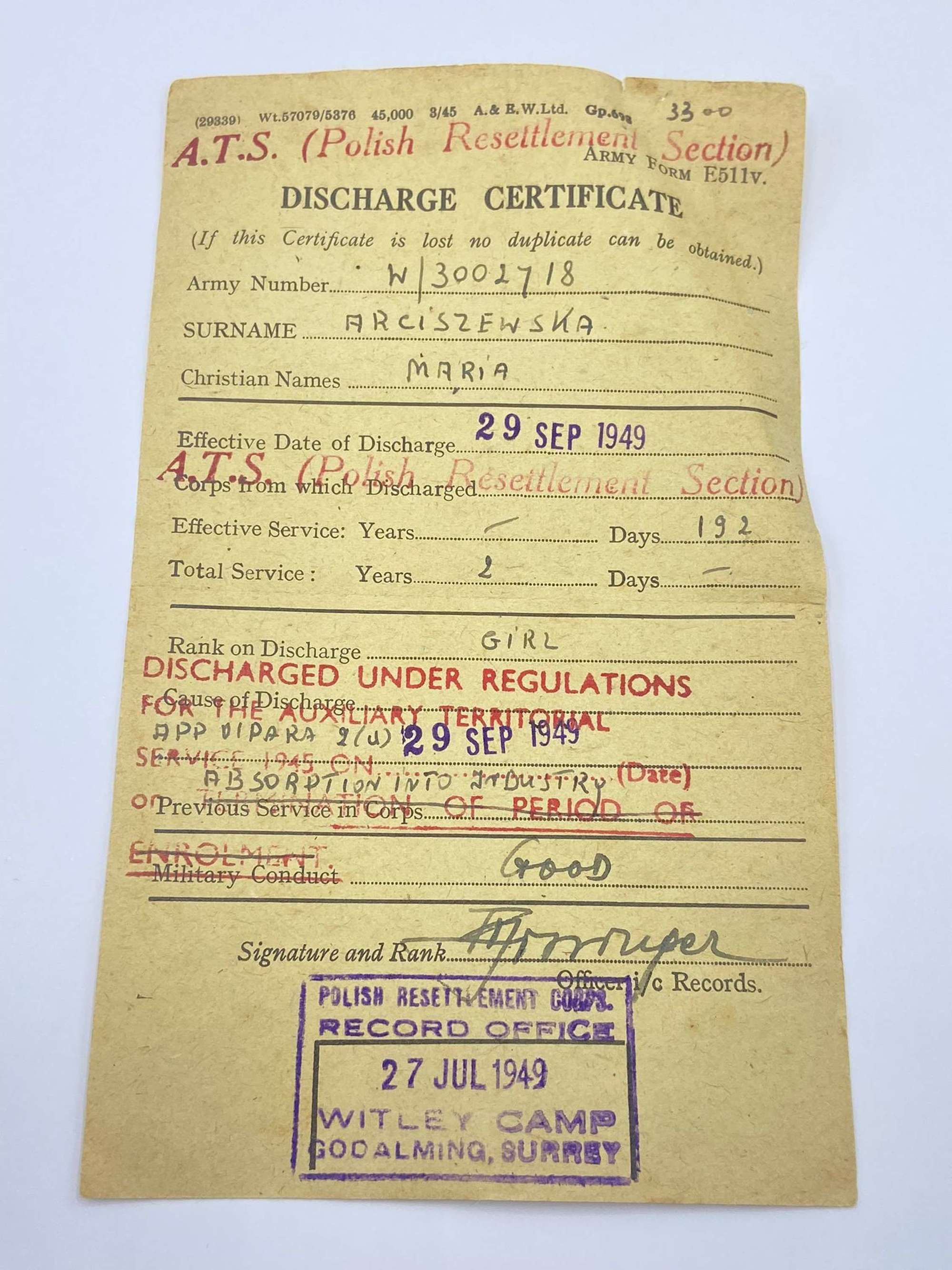 WW2 ATS Polish Resettlement Discharge Certificate