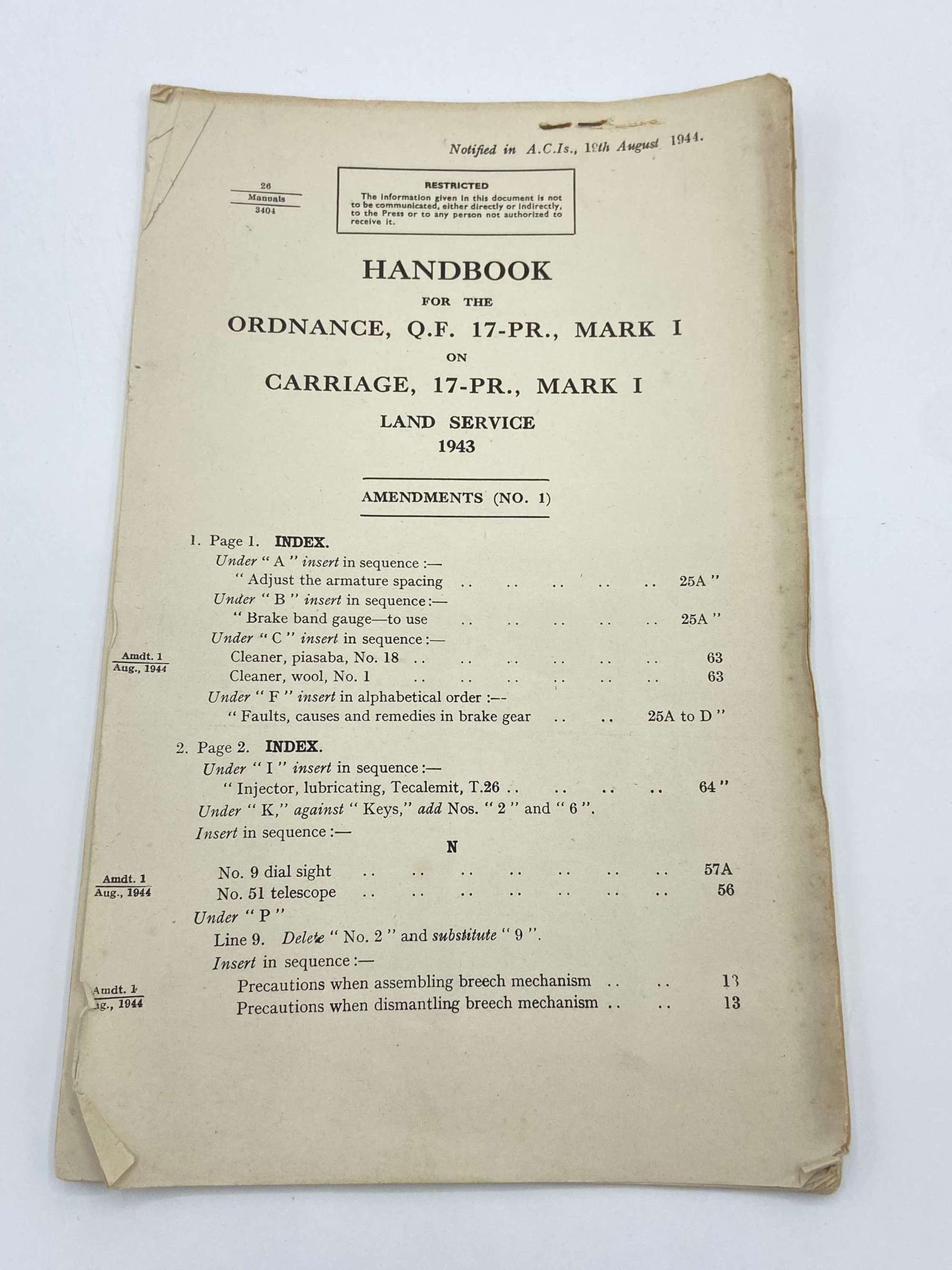 WW2 Handbook Amendments For Ordnance Of 17 Pounders Mark 1