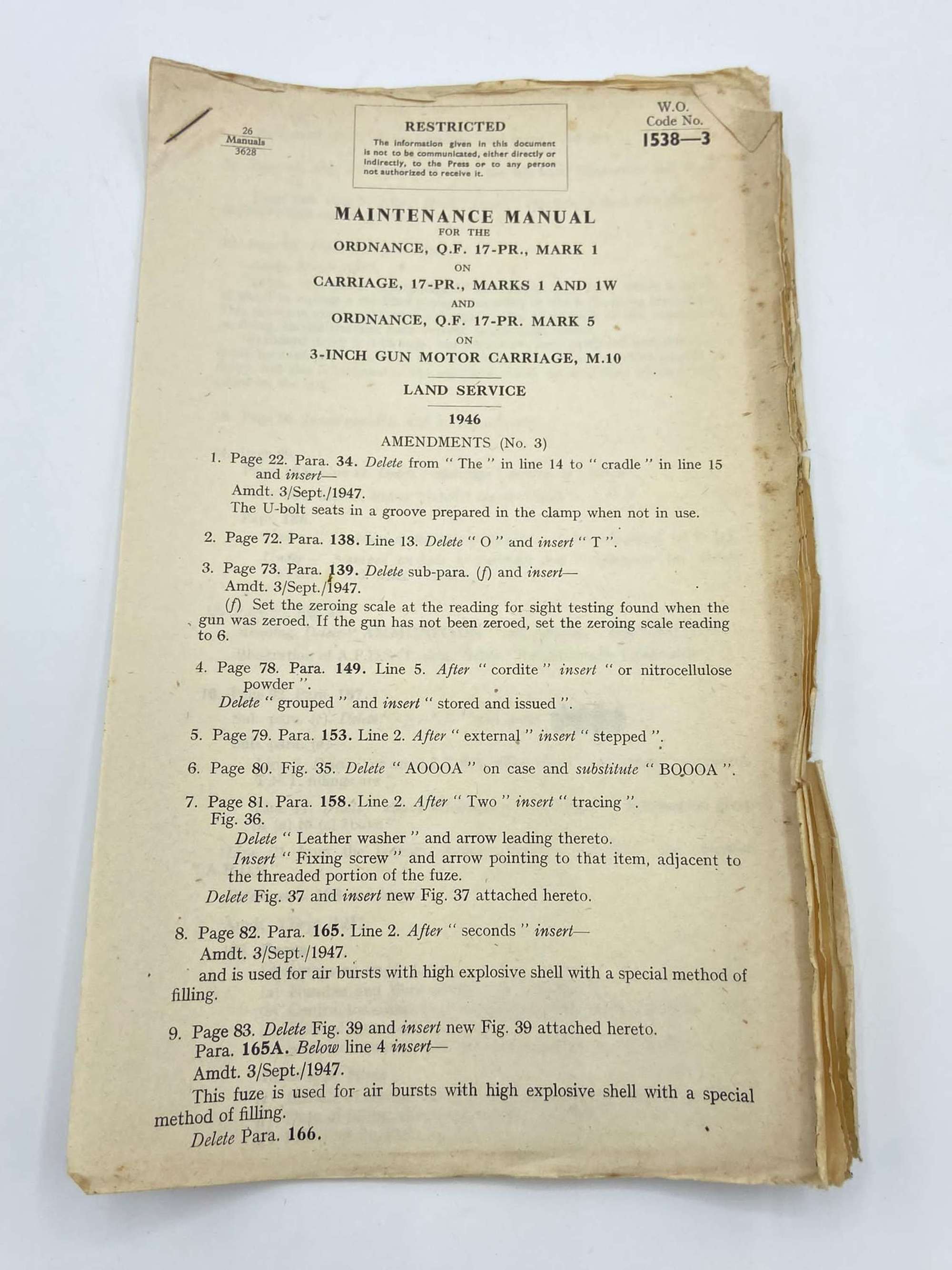 WW2 Maintenance Manual Amendments Of Ordnance 17 Pounder Mark 1