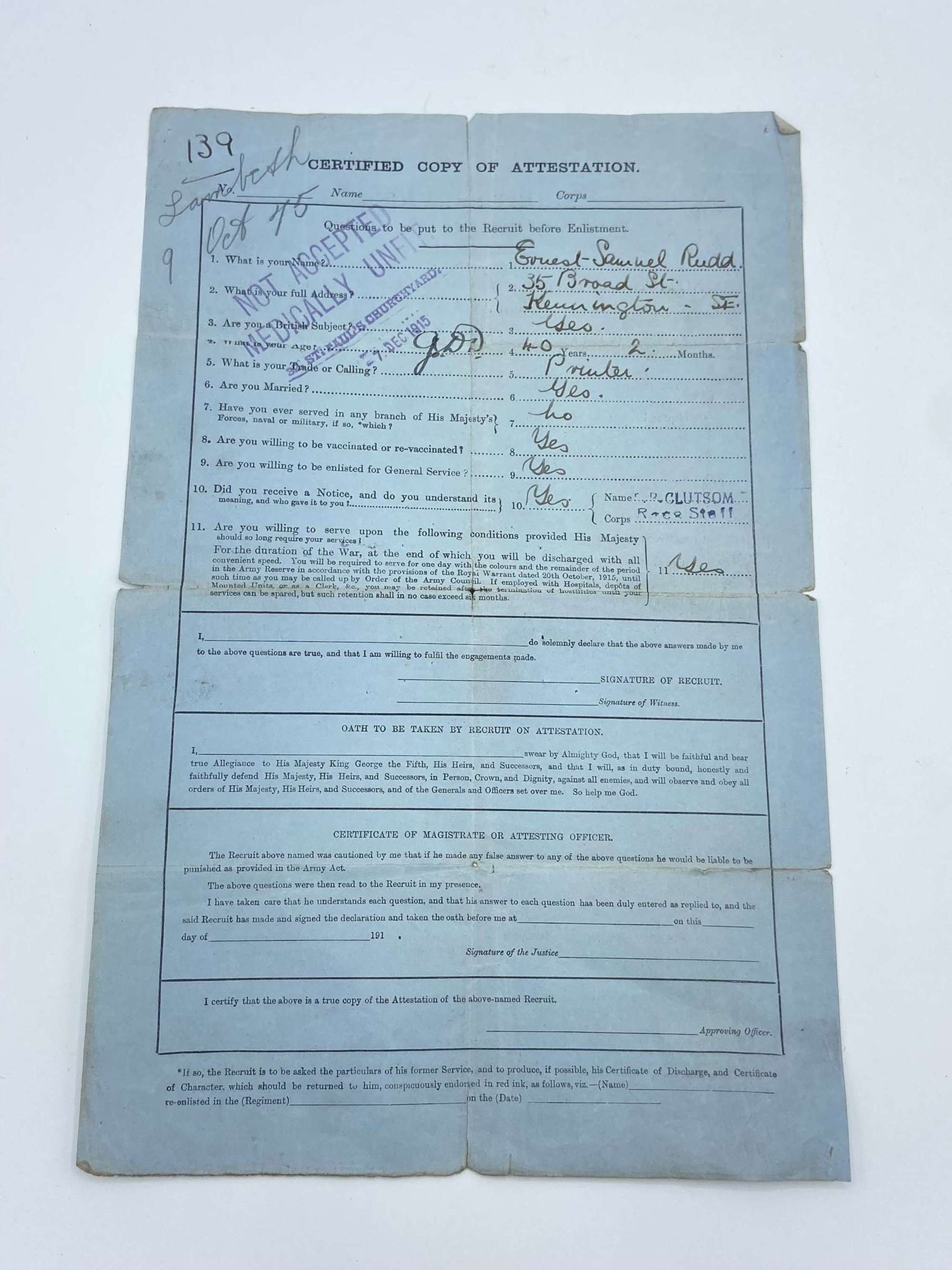 WW1 Certified Copy Of Attestation Not Accepted Medically Unfit