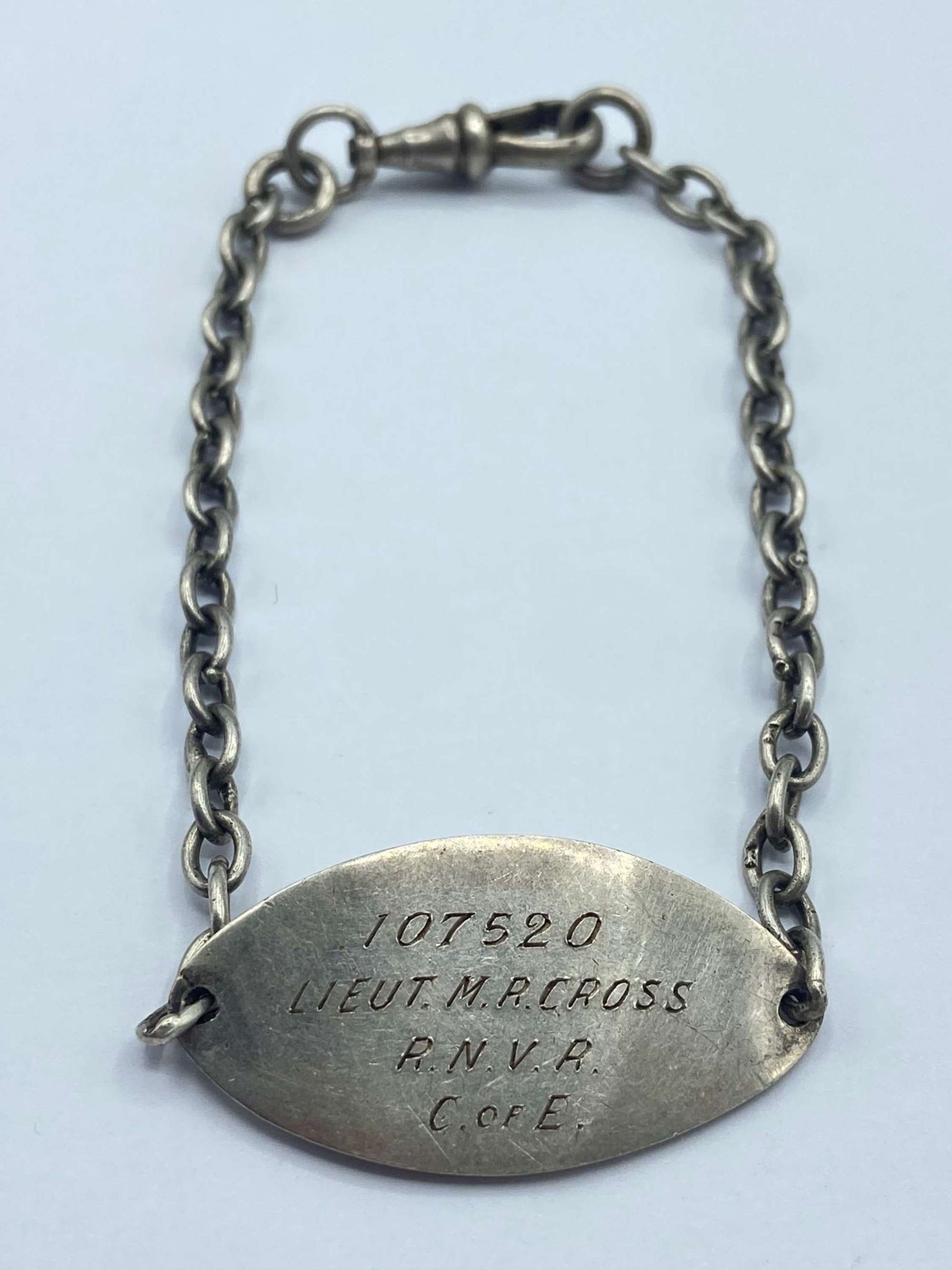WW2 Royal Navy Silver Hallmarked Identity Bracelet Lieut Cross RNVR