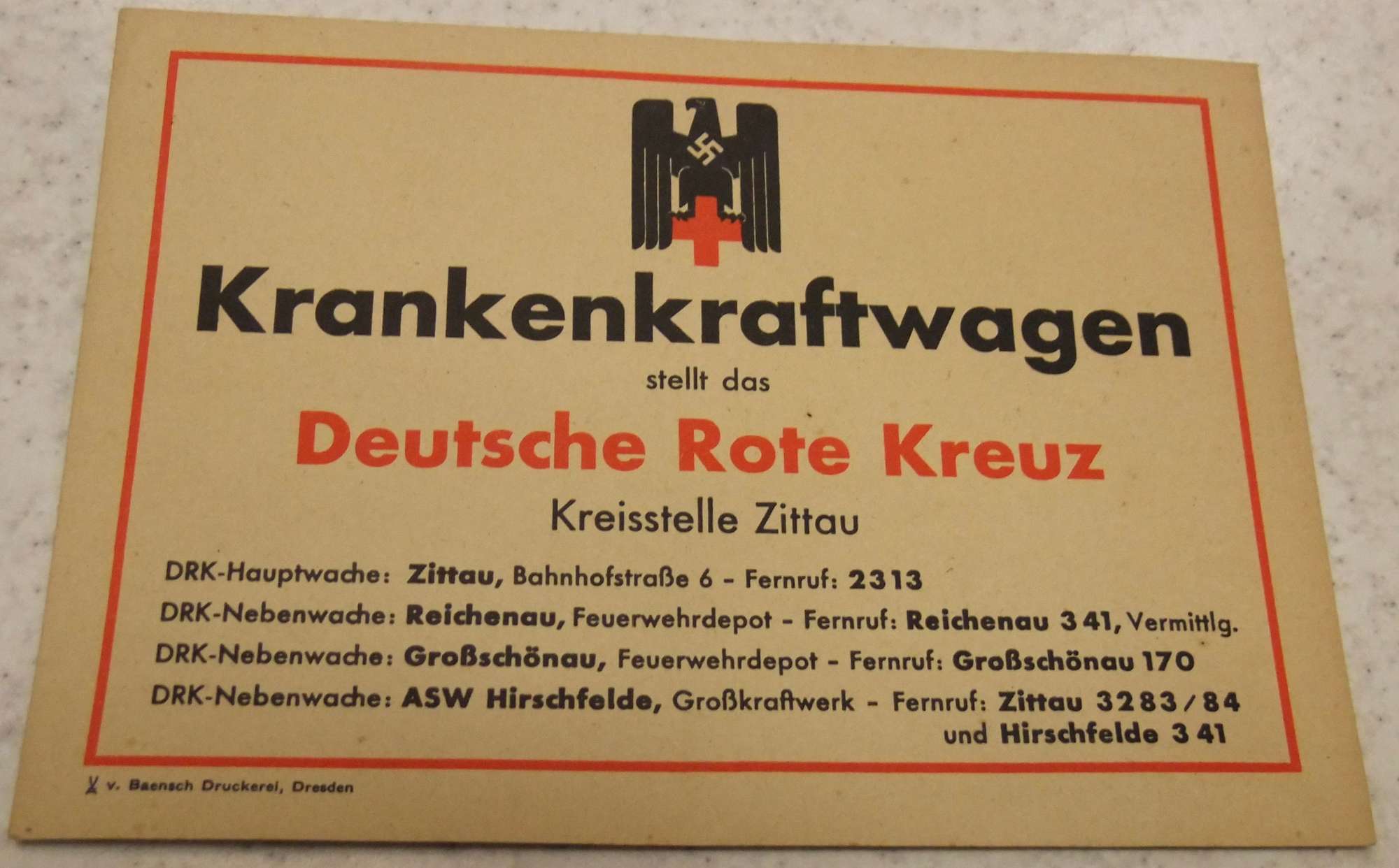 German WWII Red Cross Ambulance Station Card