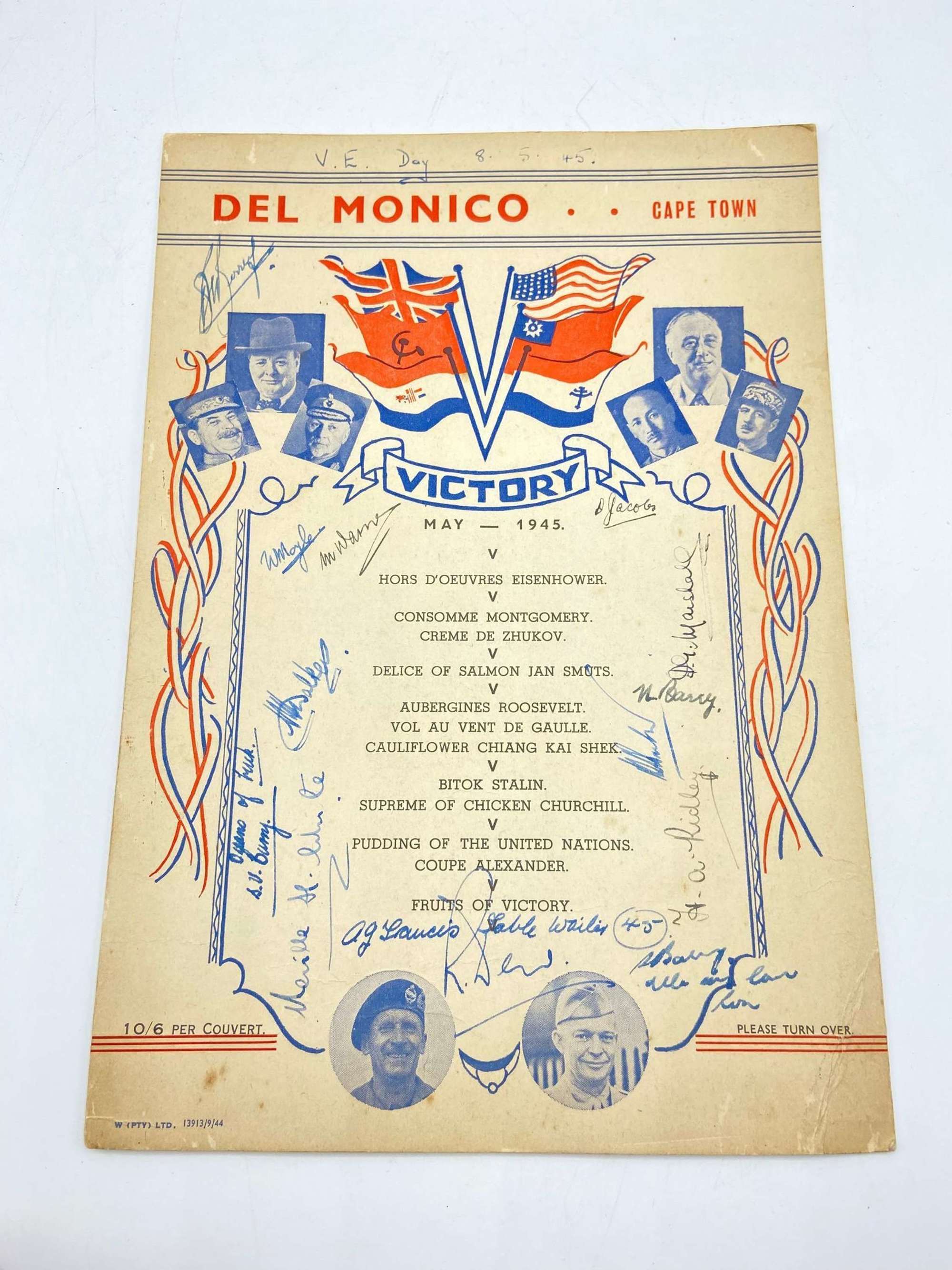 WW2 South African Cape Town Victory Day Del Monico Signed Satire Menu