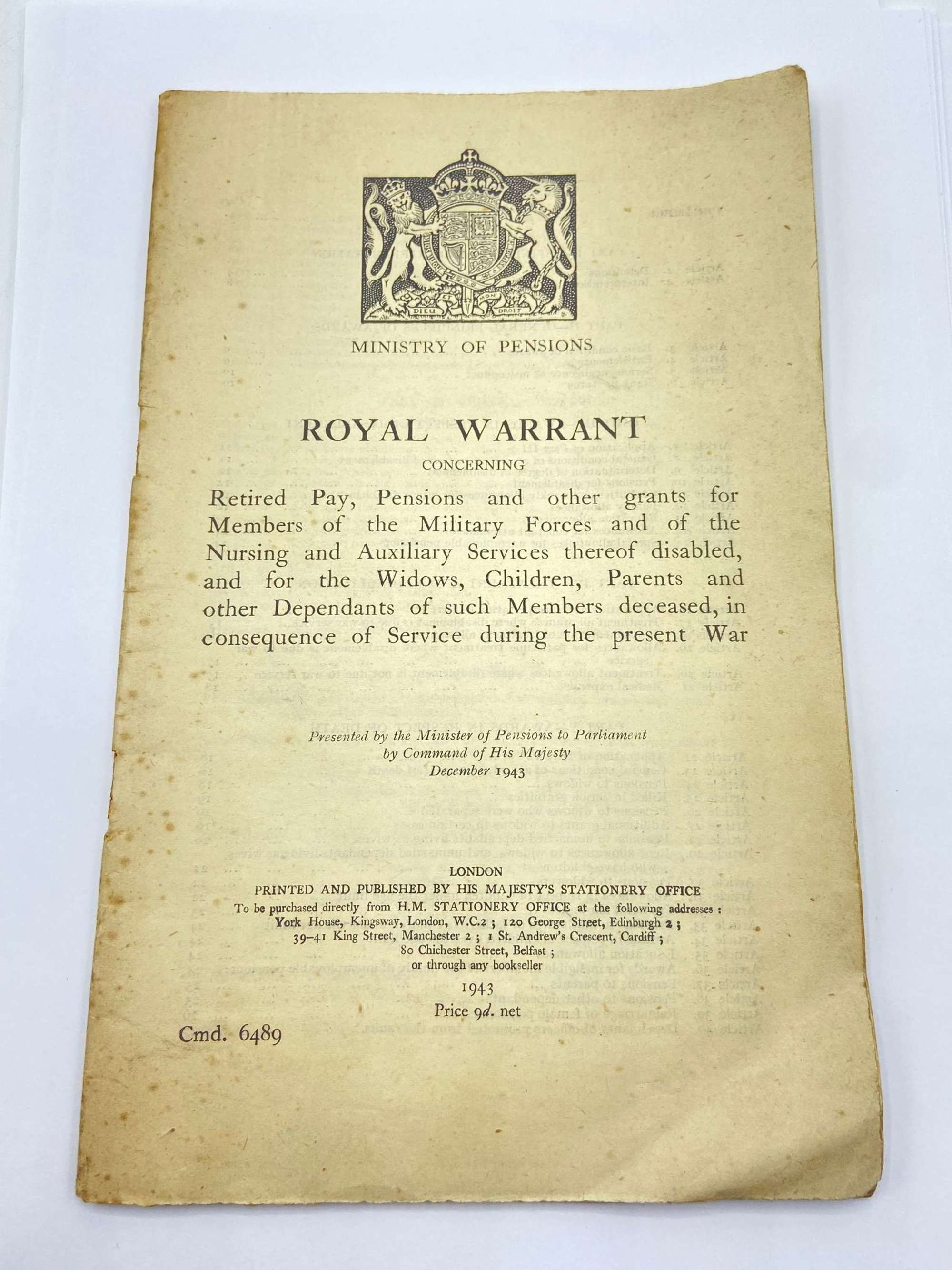 WW2 1943 Ministry Of Pensions Royal Warrant Information Booklet