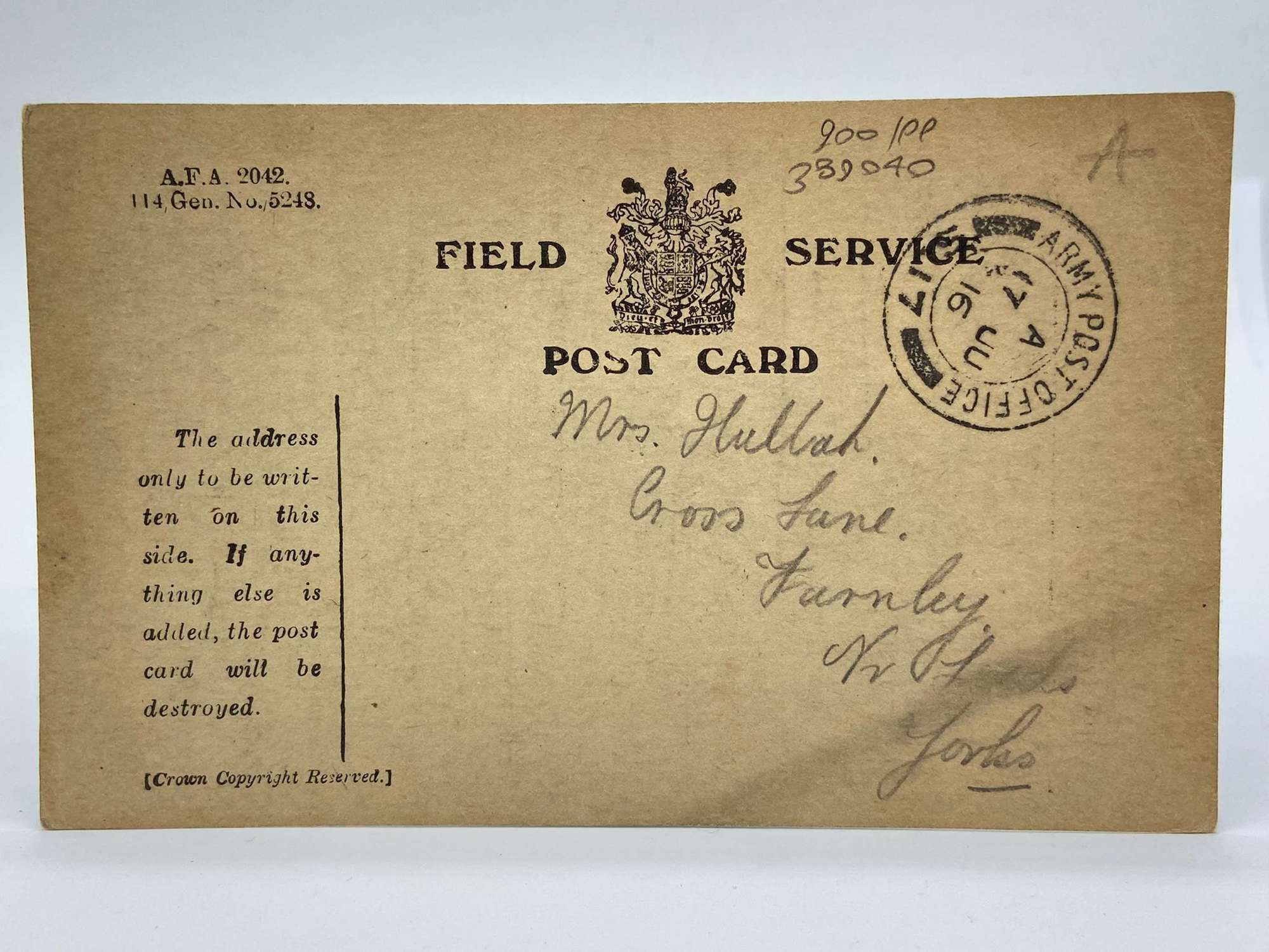 WW1 British Field Service Postcard From Pte F Martin 16th June 1916
