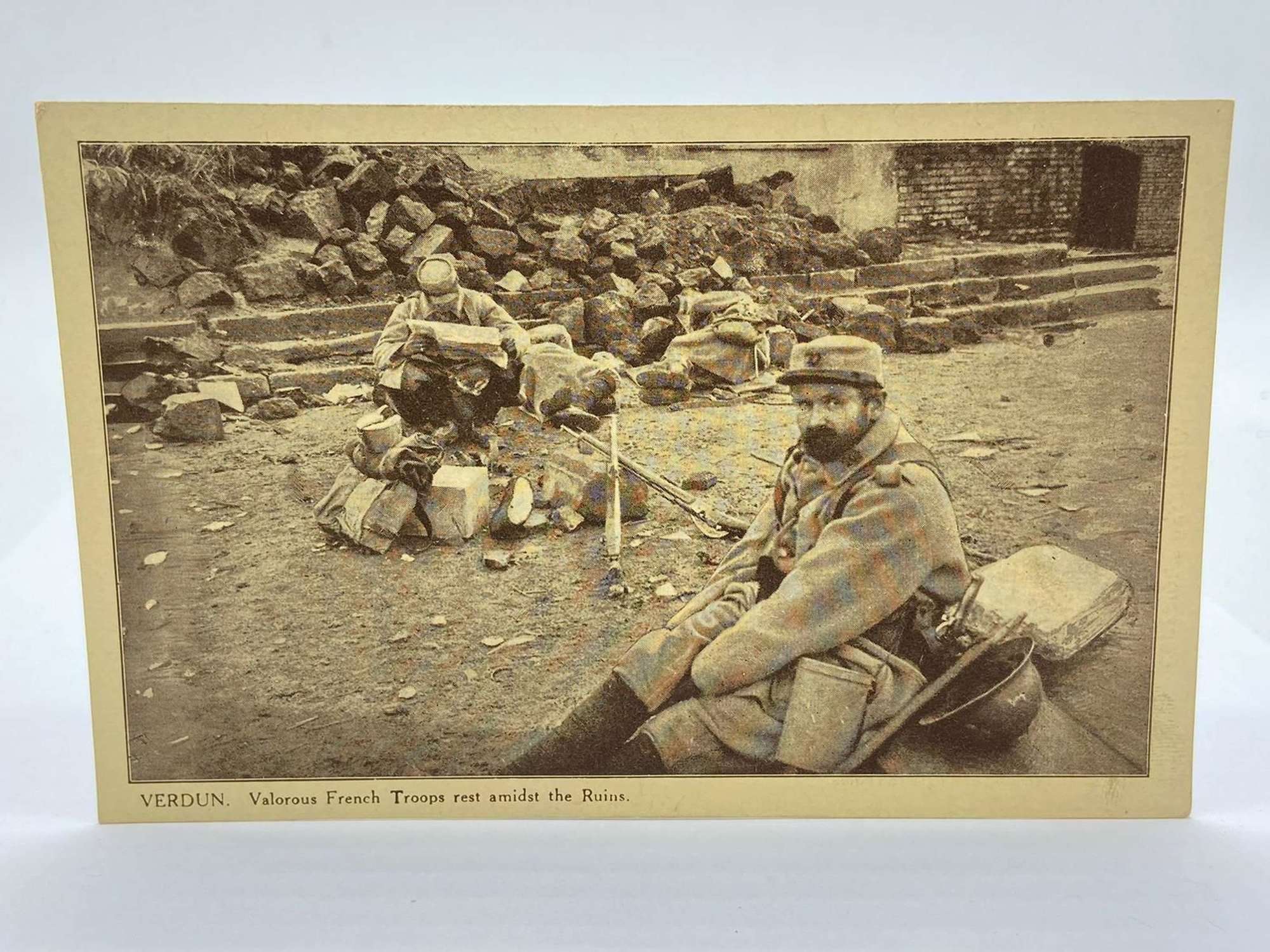 WW1 French Soldiers Resting Amongst The Ruins Of Verdun Postcard