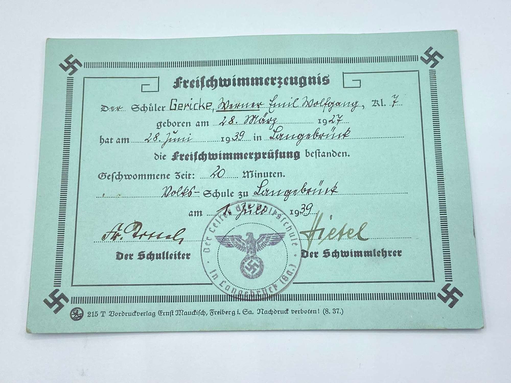 WW2 German Elementary School Swimming Certificate