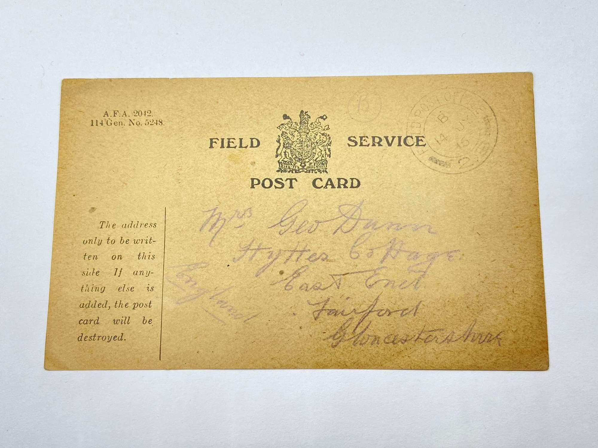 WW1 British Field Service Postcard From George 13th Of July 1916