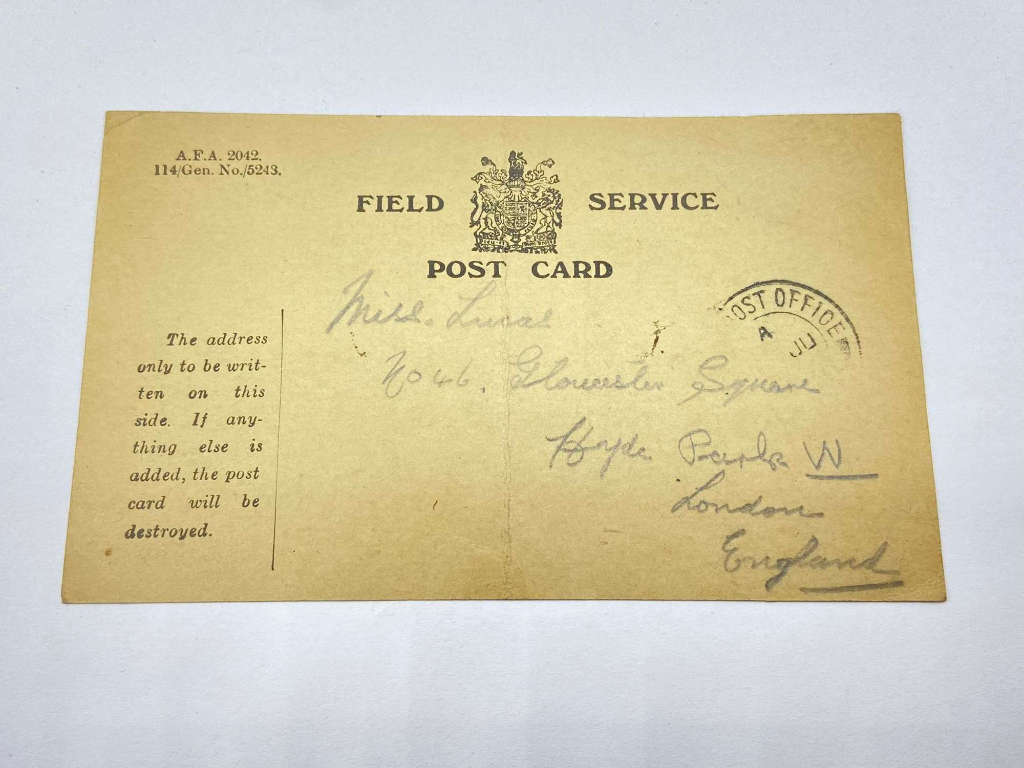 WW1 British Field Service Postcard From lunar 4th June 1916