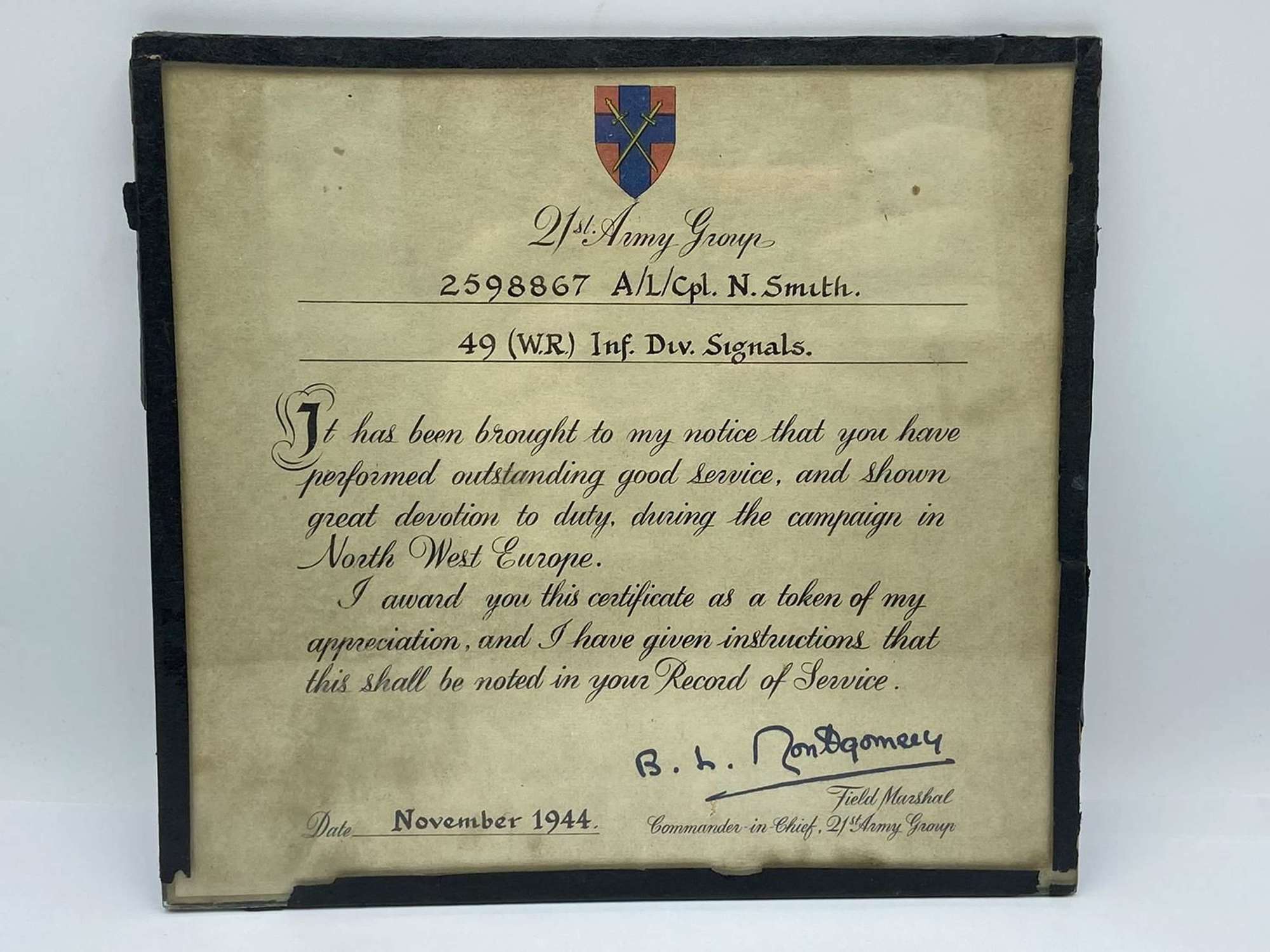 WW2 21st Army Group Commander-in-Chief's Montgomery 1944 Certificate
