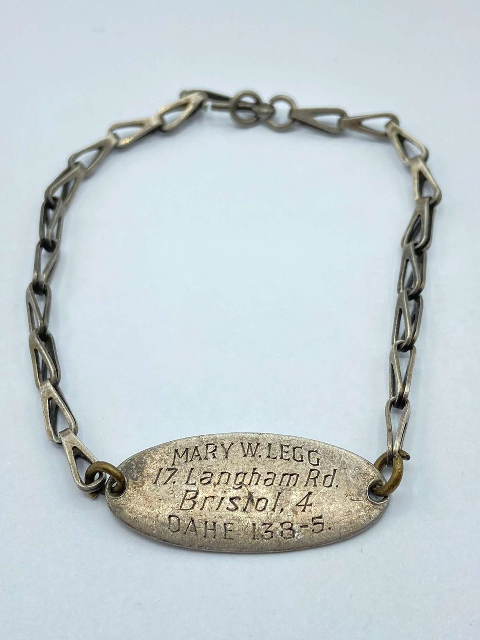 WW2 Period Sterling Silver Identity Bracelet To Mary Leg From Bristol