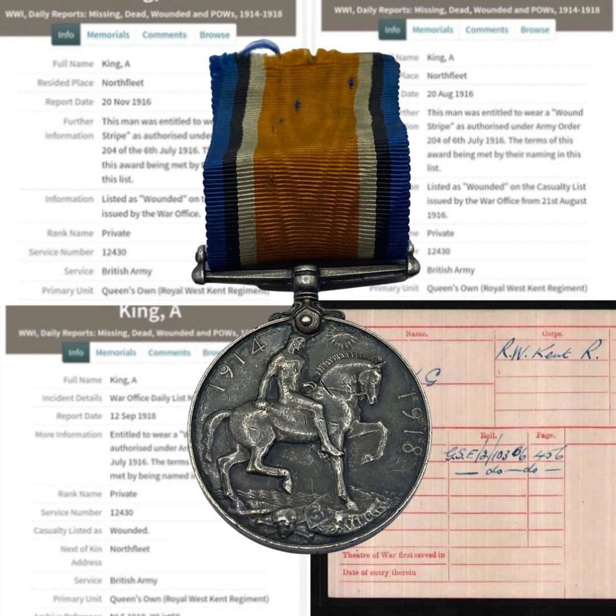 WW1 British War Medal To Wounded Pte A King Royal West Kent Regiment