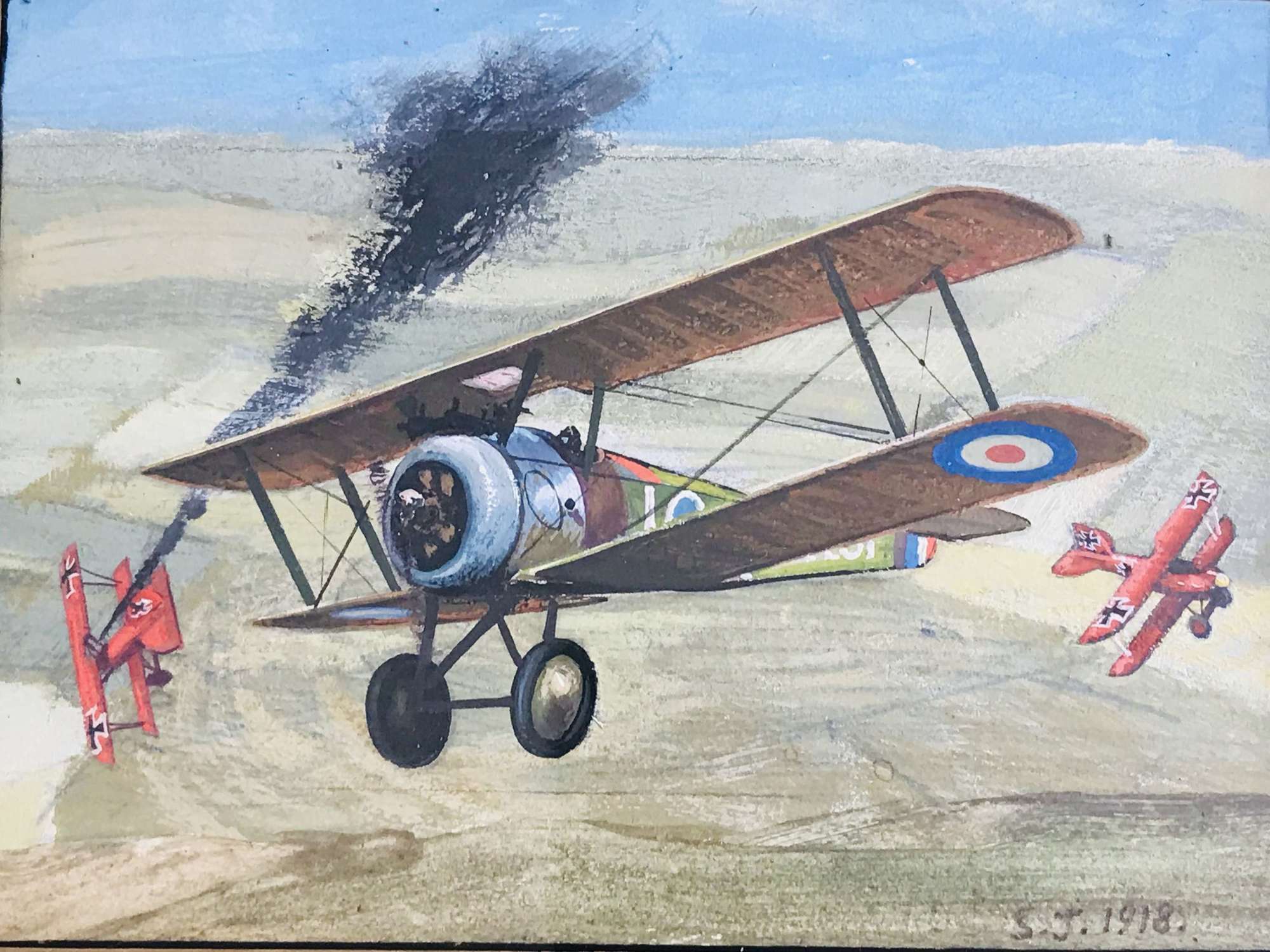 A Sopwith camel oil painting signed and dated 1918
