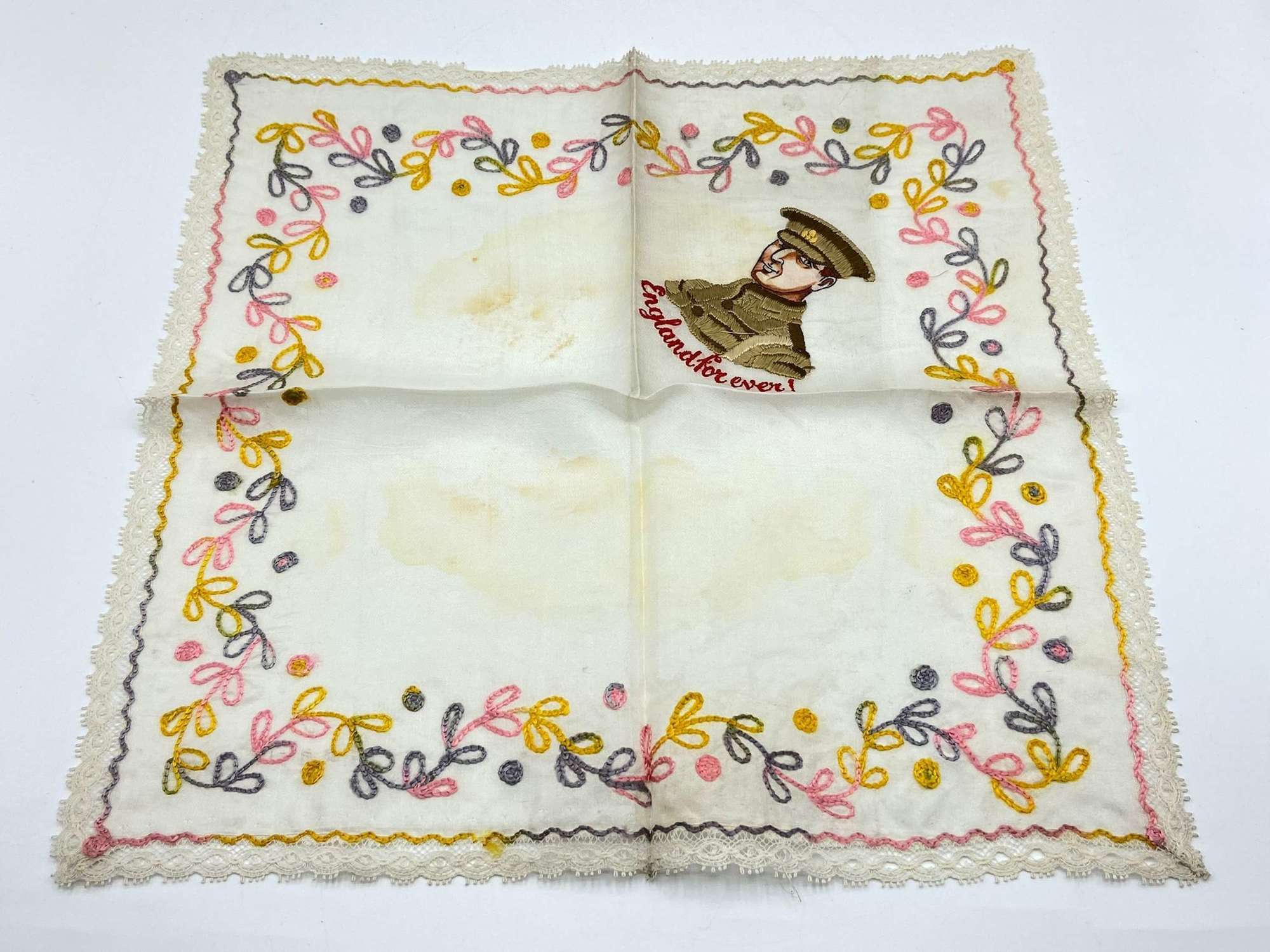 WW1 Silk & Lace Embroidered Tommy Soldier Sweethearts Handkerchief