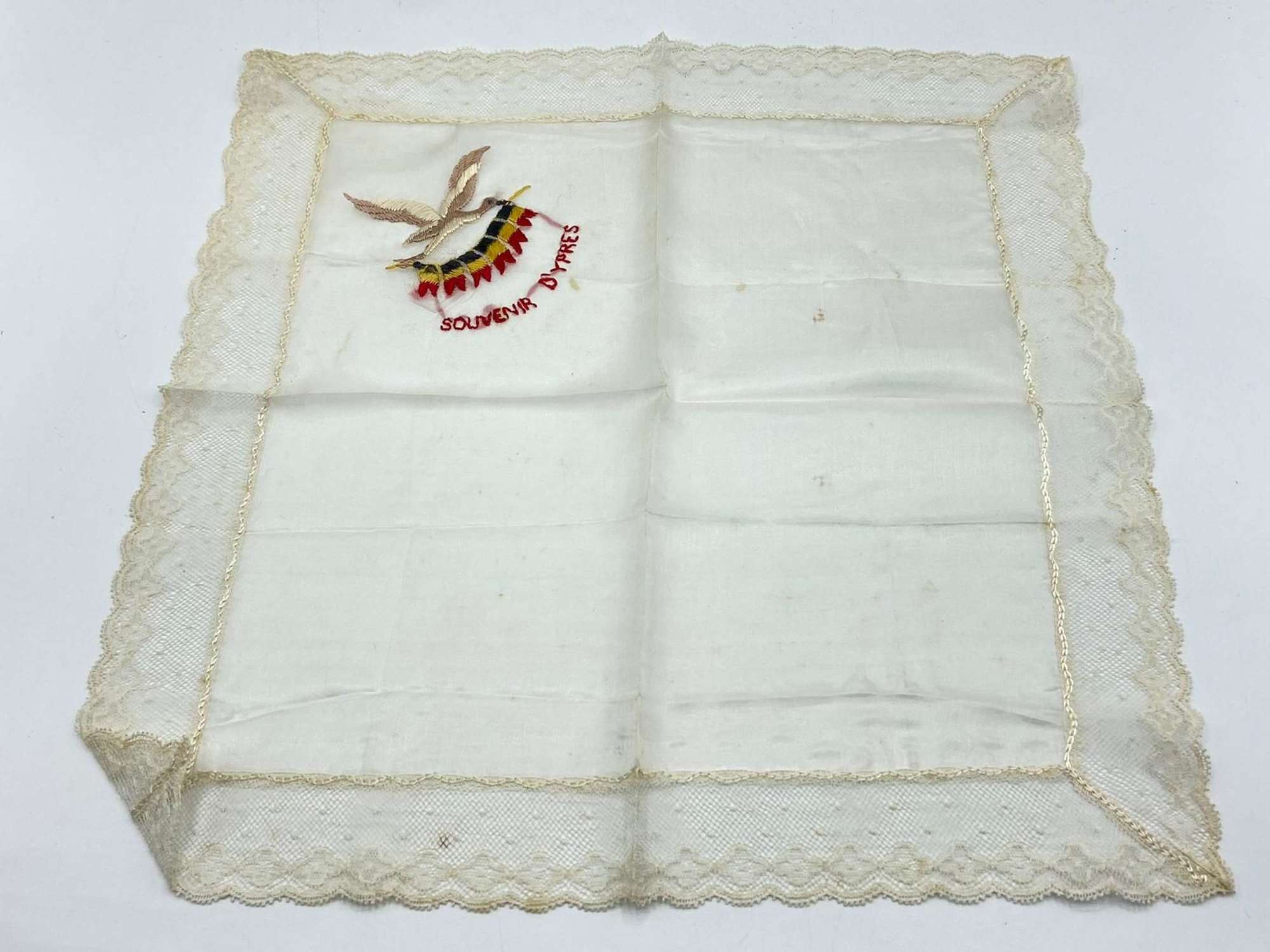 WW1 Silk & Lace Embroidered Souvenir Of Ypres Sweethearts Handkerchief