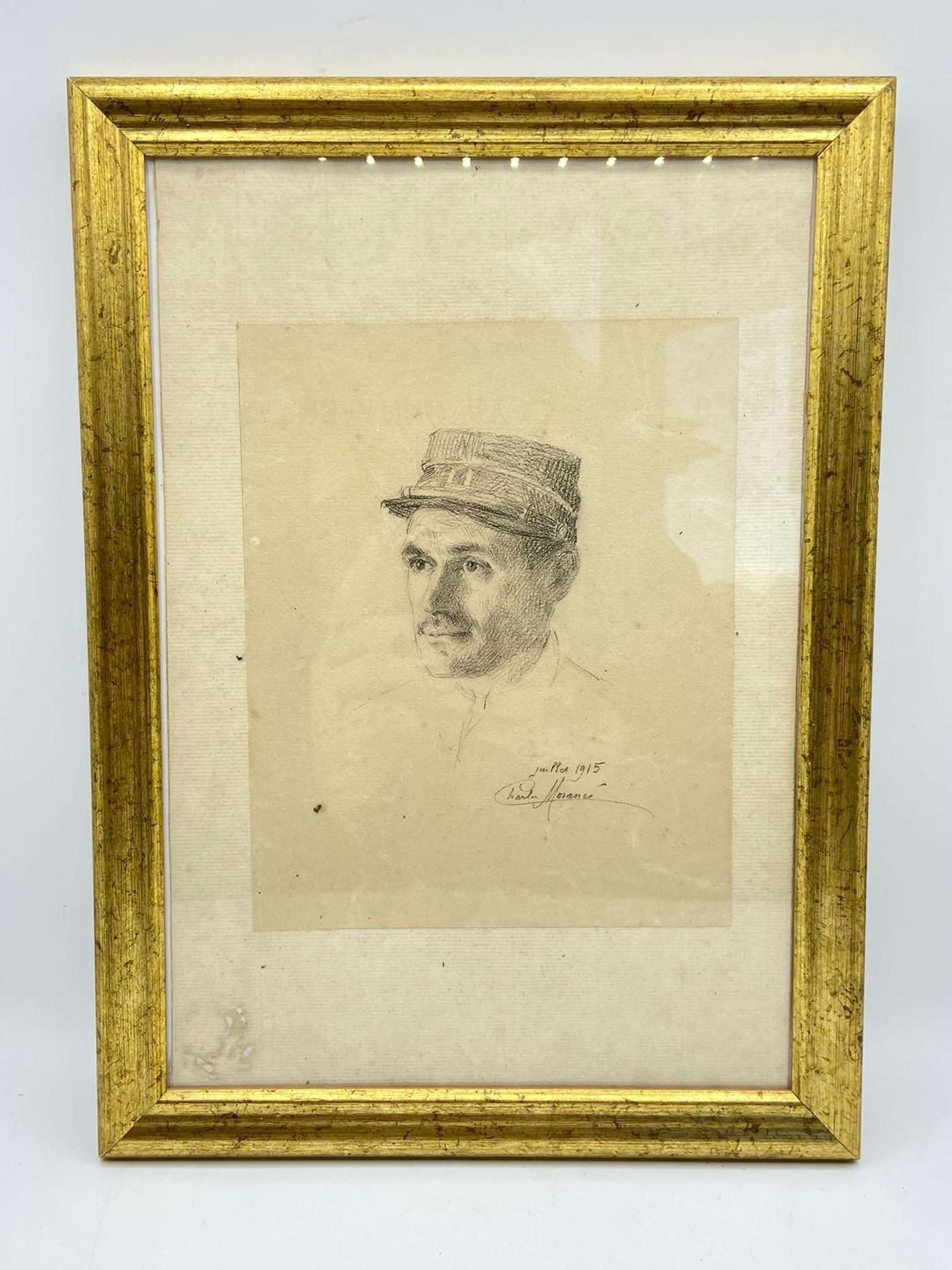 WW1 French Infantry Officer Hand Drawn Portrait Drawing Signed & Dated