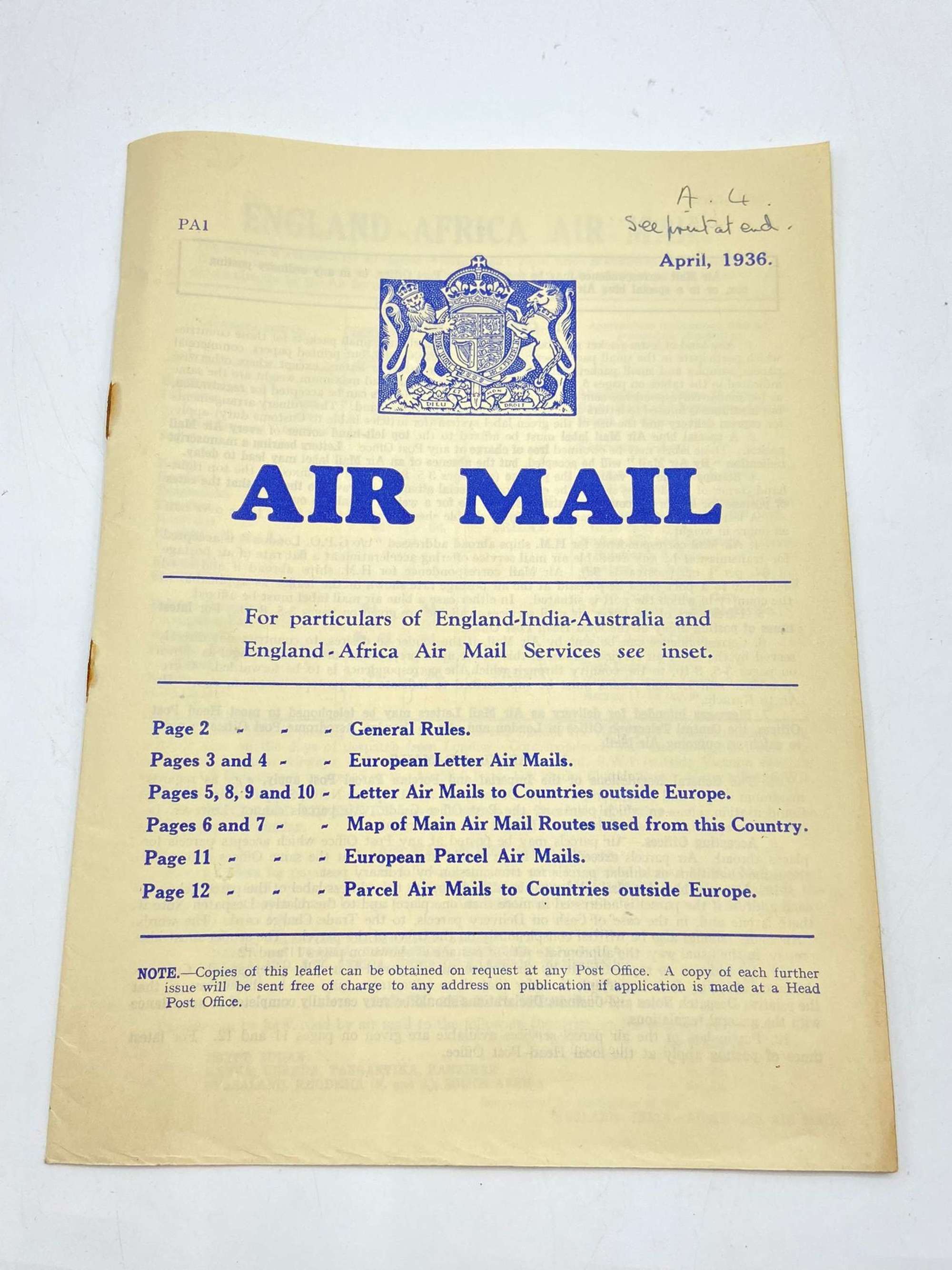 Pre WW2 1936 Dated British Post Office Air Mail Services Catalog