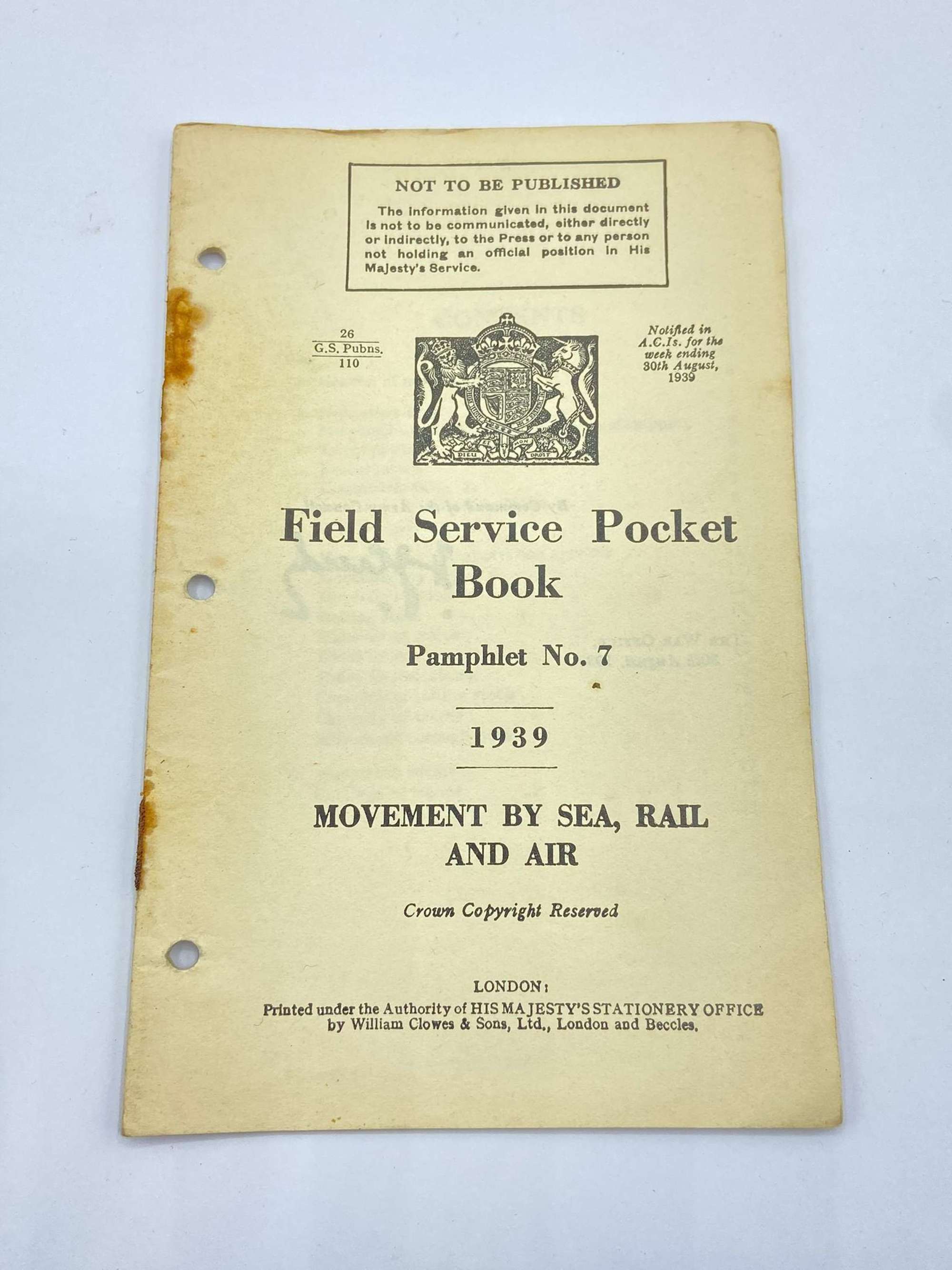 WW2 Field Service Pocket Book Movement By Sea, Rail And Air 1939