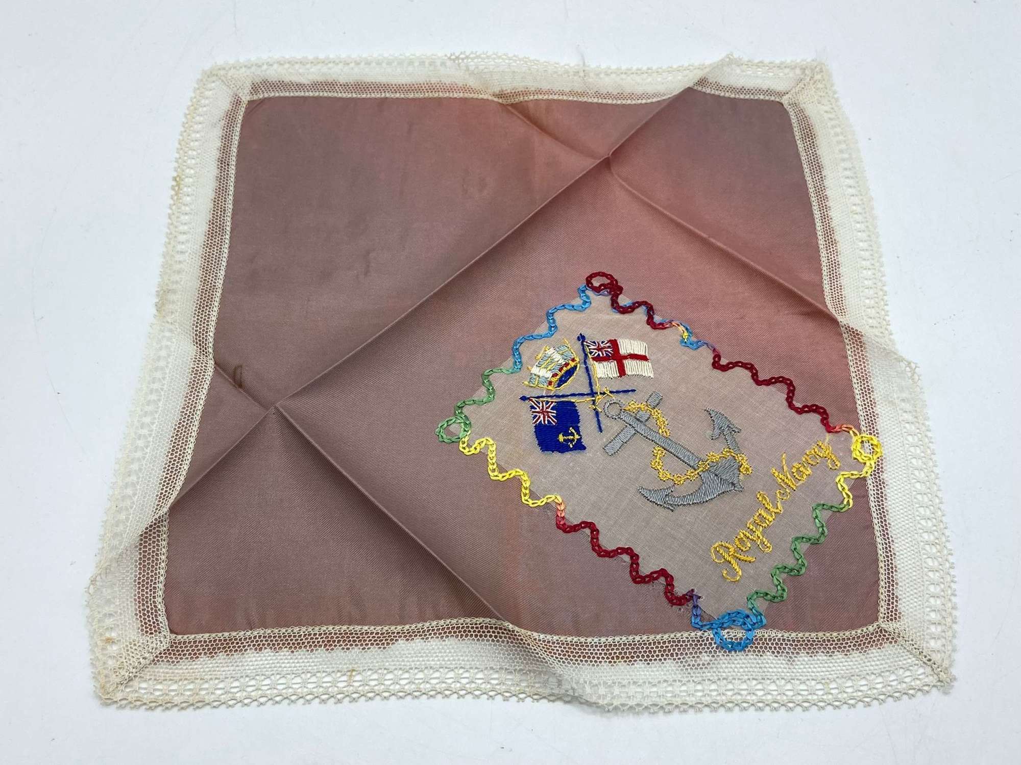 WW1 Embroidered Silk British Royal Navy Sweethearts Handkerchief