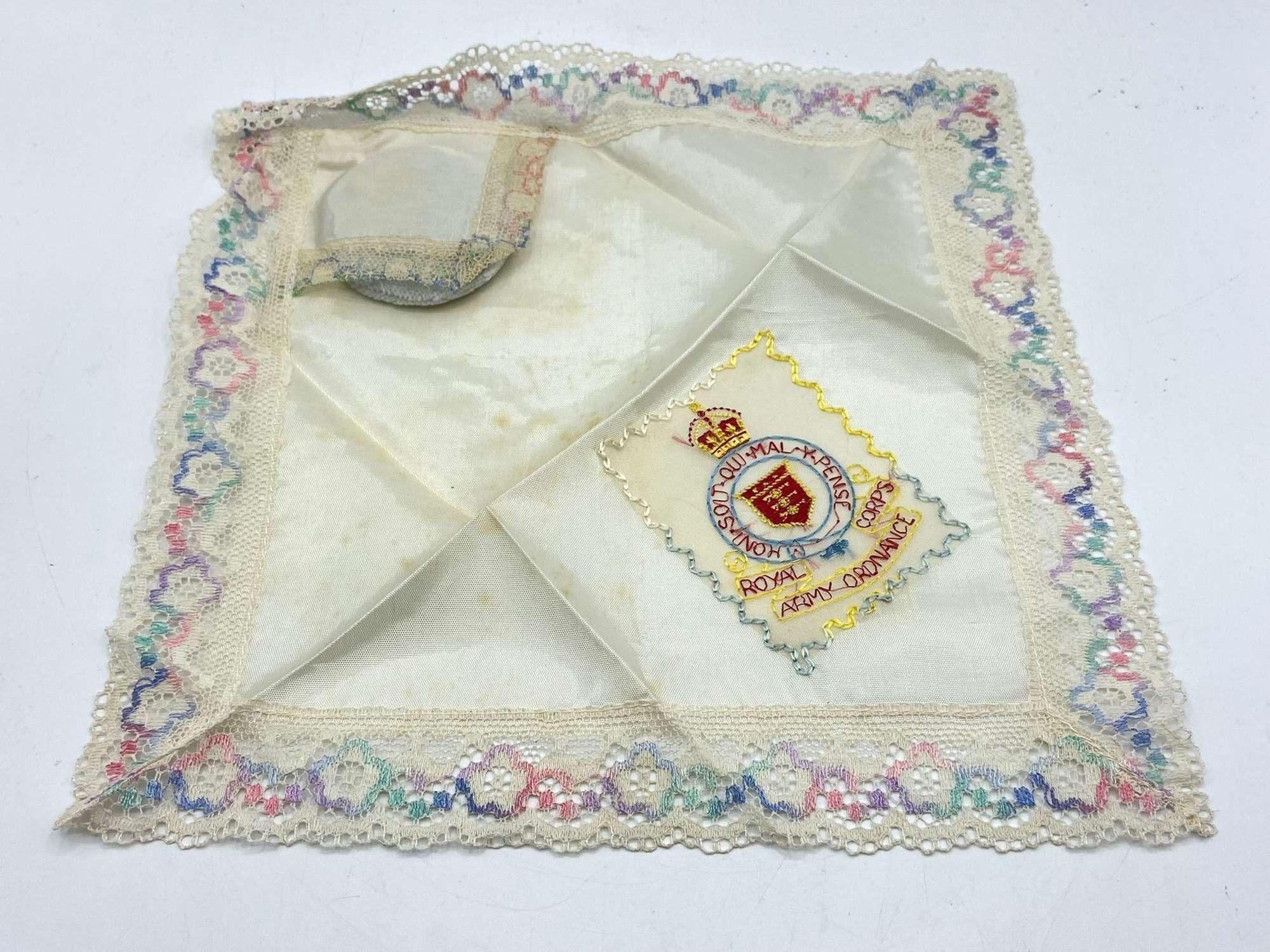 Rare WW2 Silk & Lace RAOC Scented Pouch Sweethearts Handkerchief