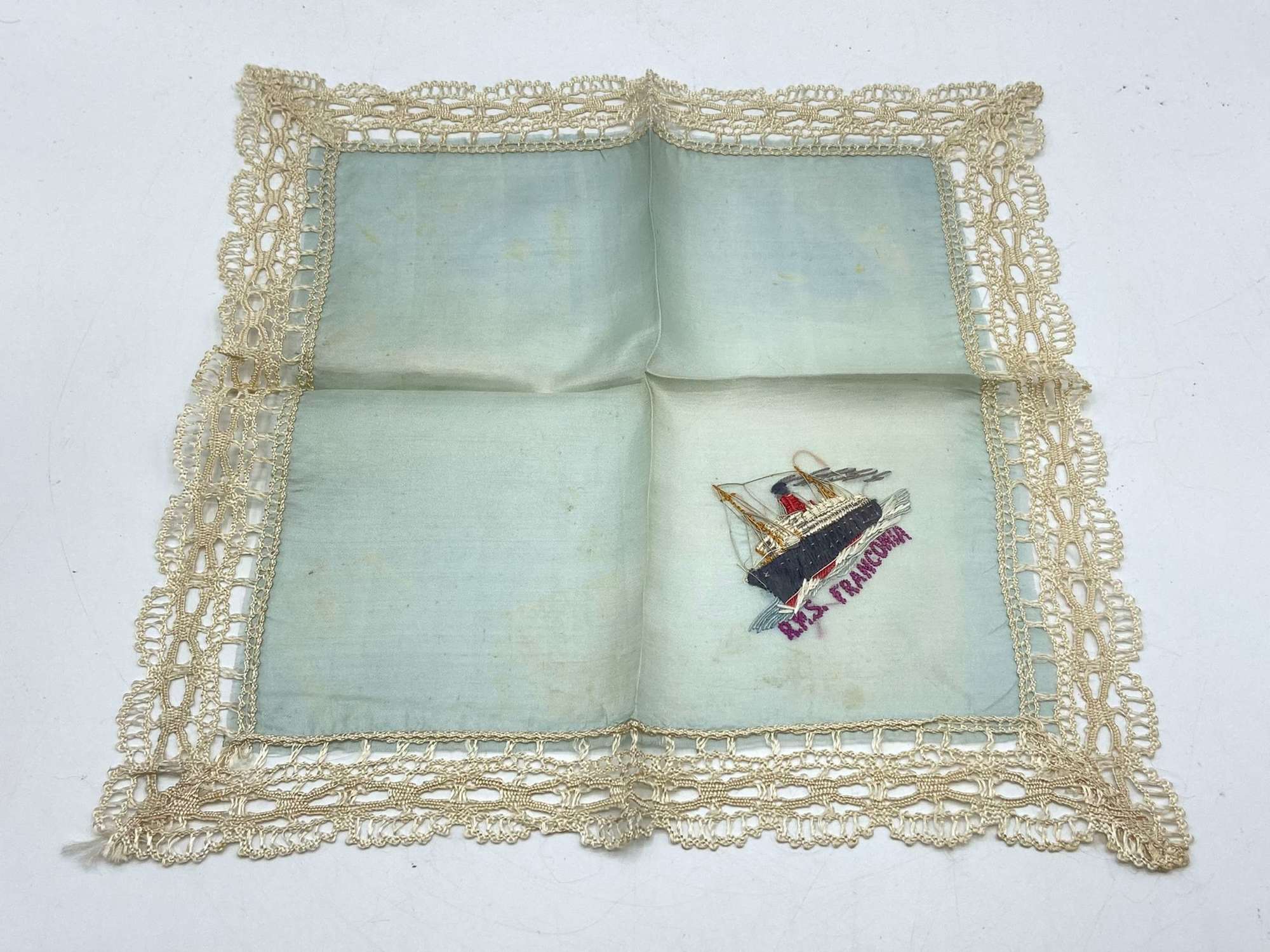 WW2 Embroidered Silk RMS Franconia Troopship Sweethearts Handkerchief