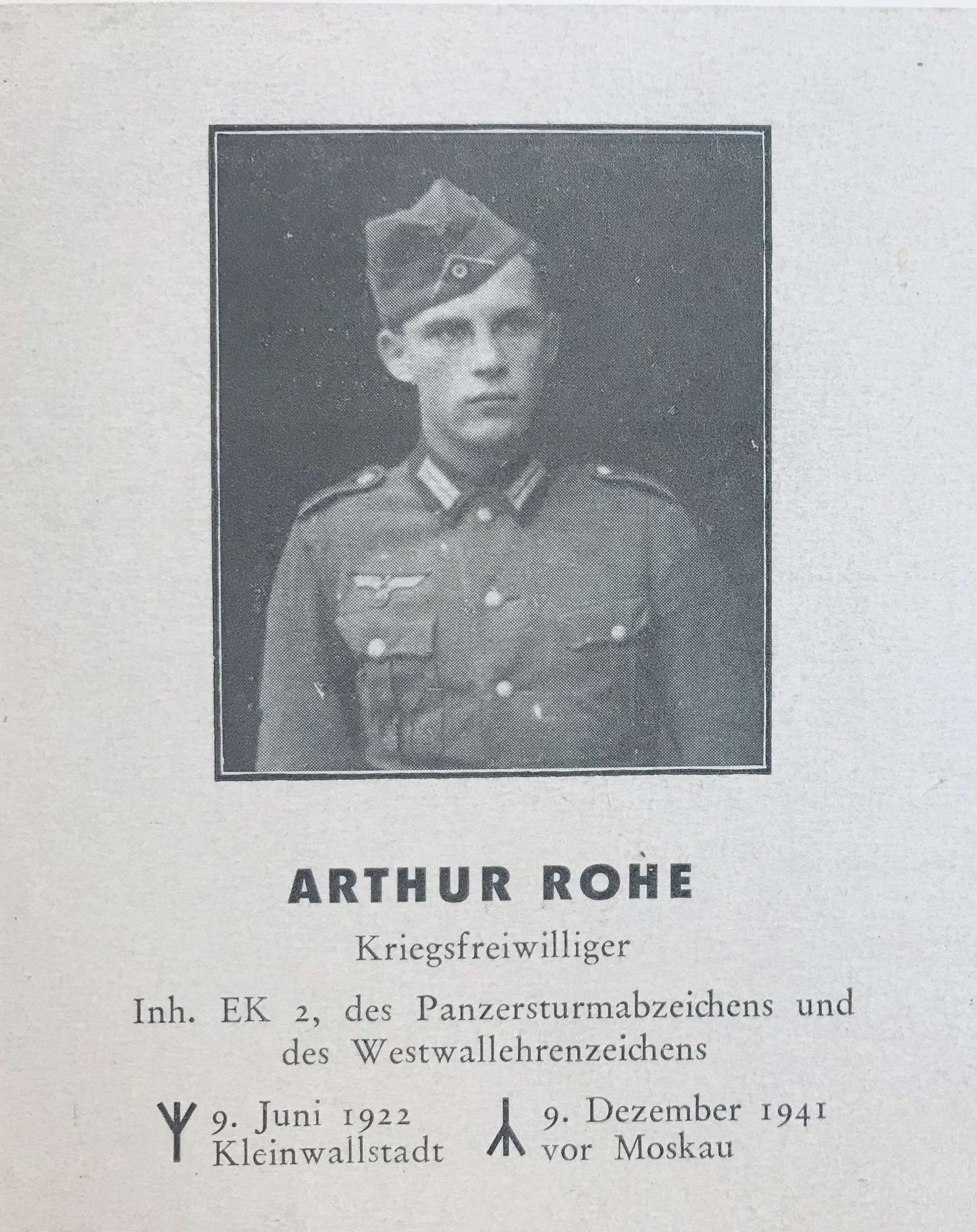 Memorial card for Arthur Rohe KIA 9/12/41 near Moscow