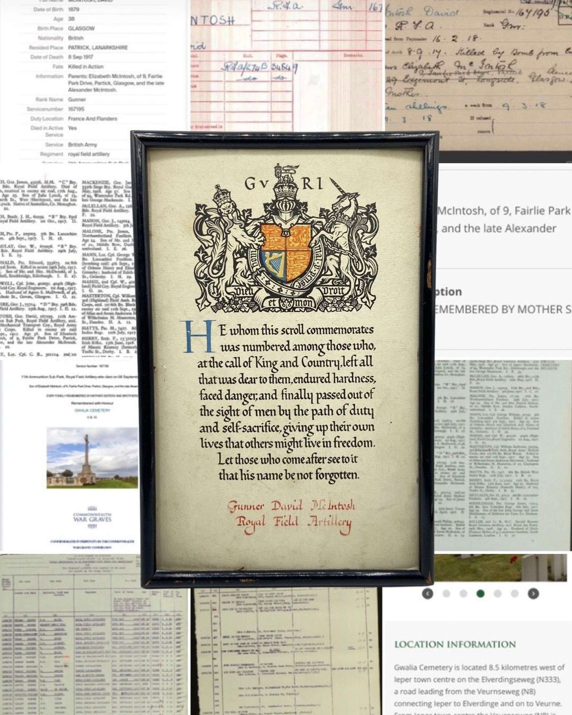 WW1 British Death Plaque Certificate To David McIntosh & Research