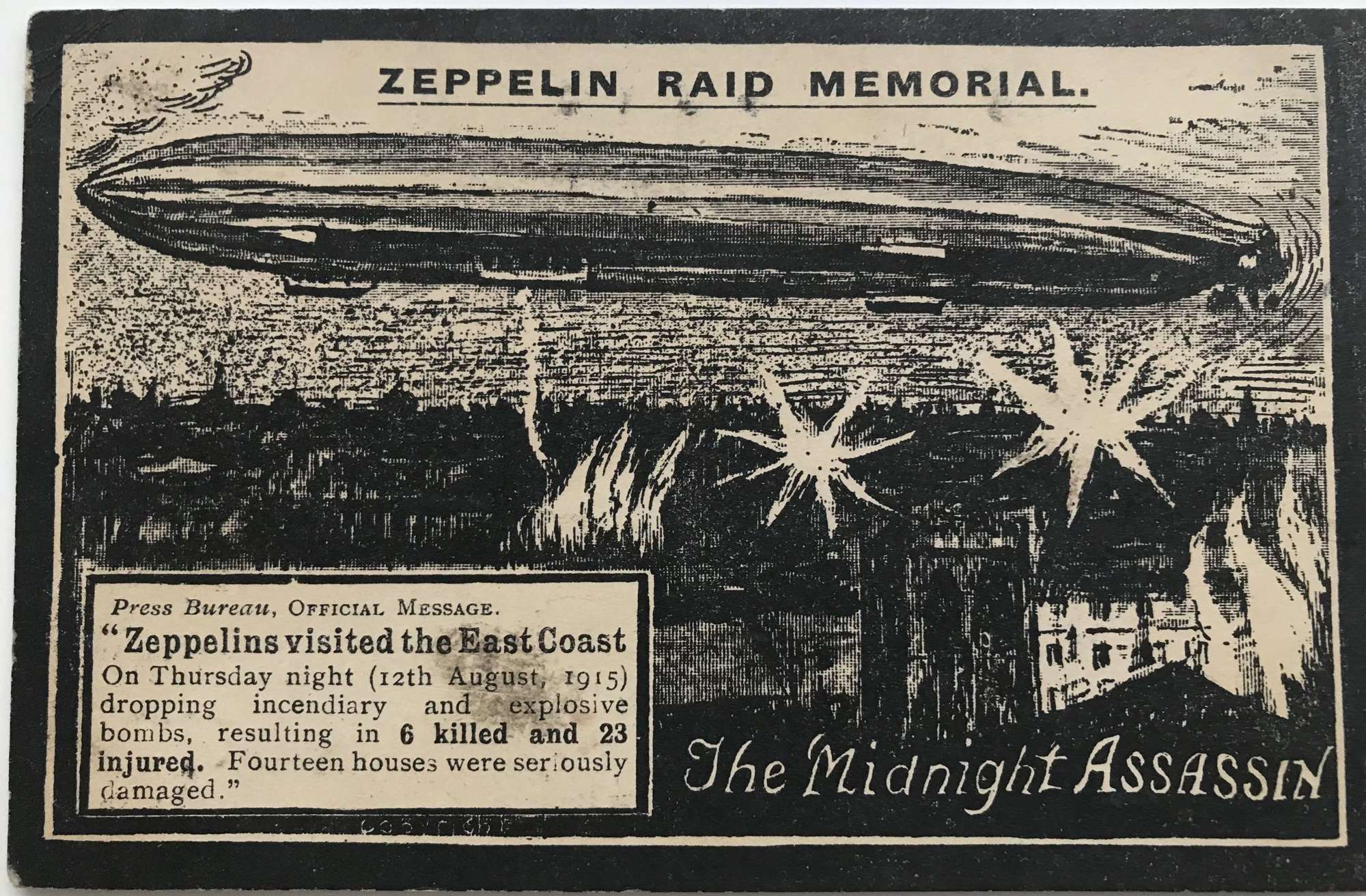 Zeppelin , raid  postcard, 1915 (the midnight assassin)