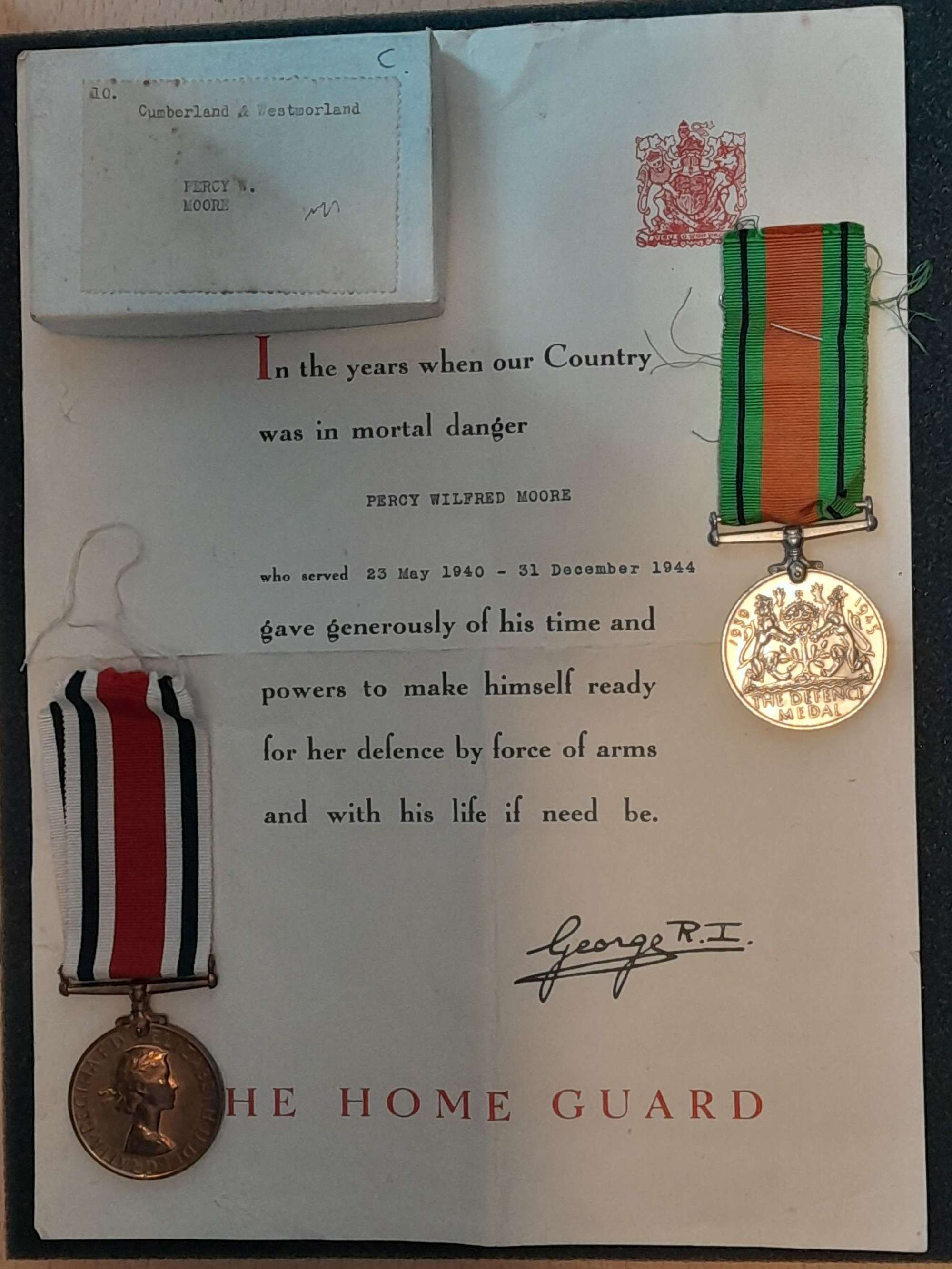 World War Two Named Home Guard Certificate plus medals
