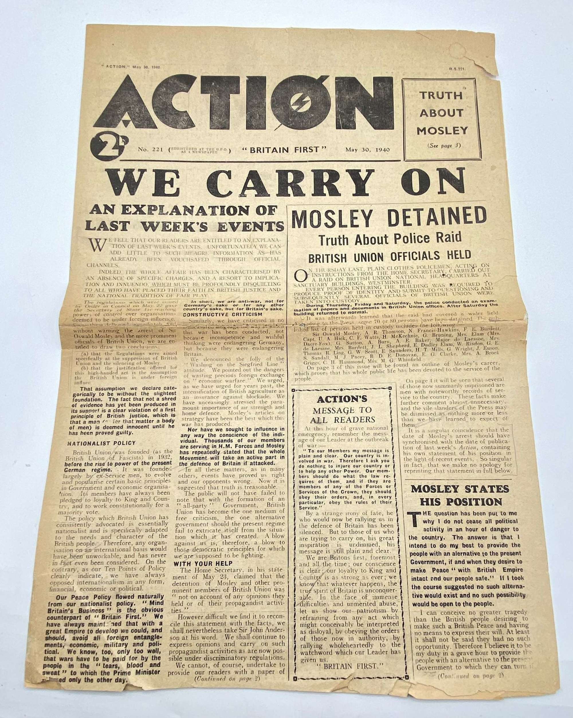WW2 British Union Of Fascists B.U.F Action Newspaper Mosley Detained
