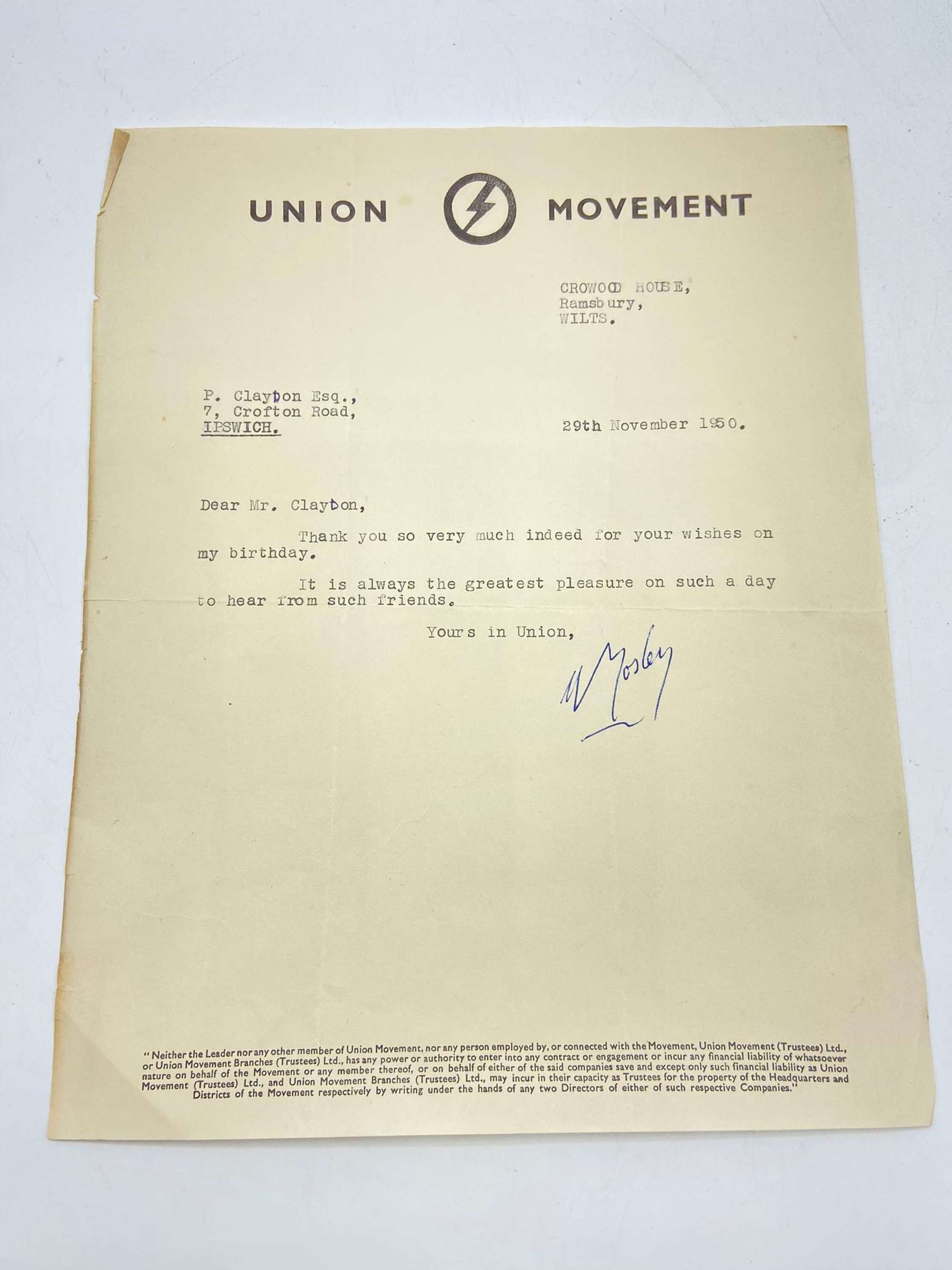 1950 Union Movement Birthday Thank You Letter By Oswald Mosley