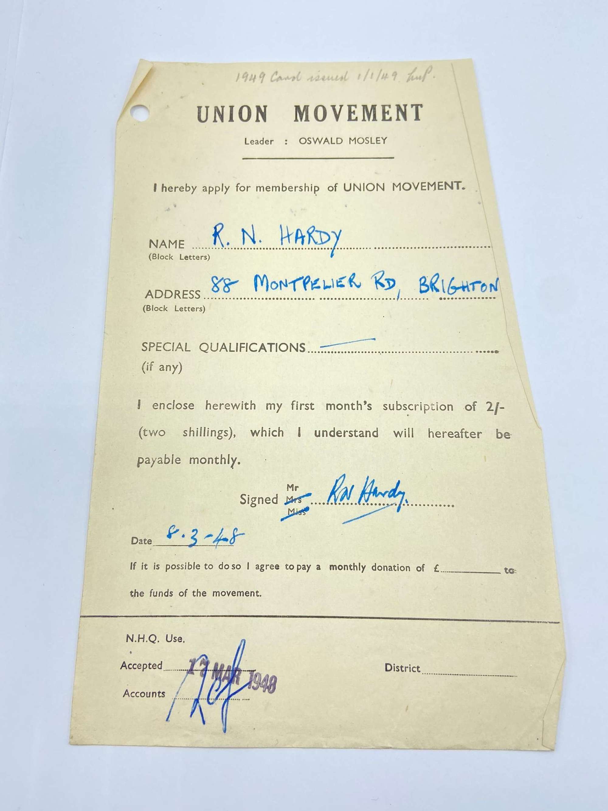 Post WW2 1948 Brighton Union Movement Application Form Oswald Mosley