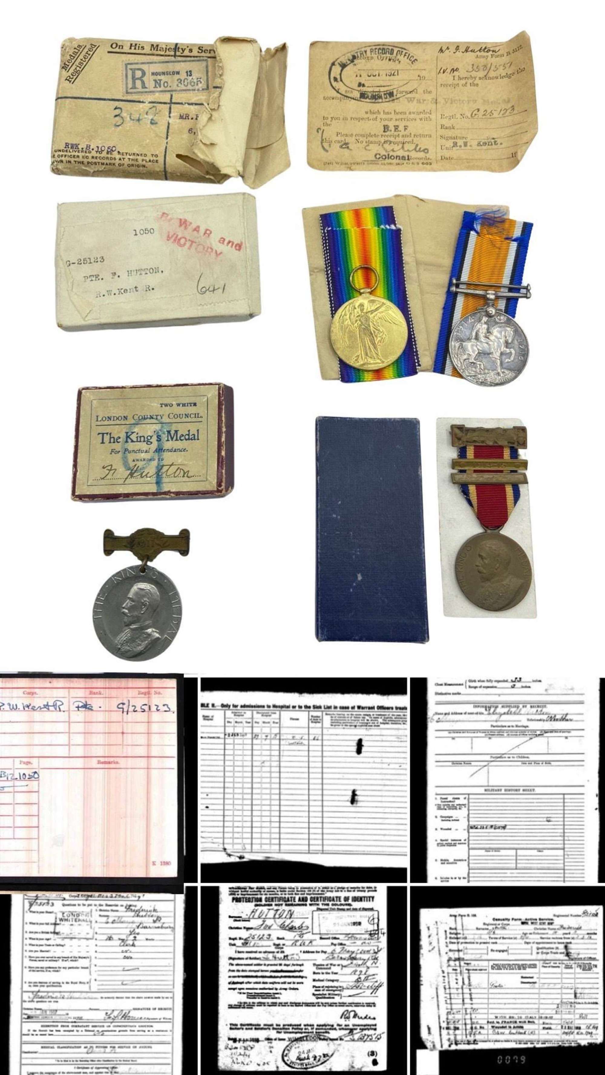 WW1 Victory & War Medal Group To Wounded Pte F Hutton Royal West Kent