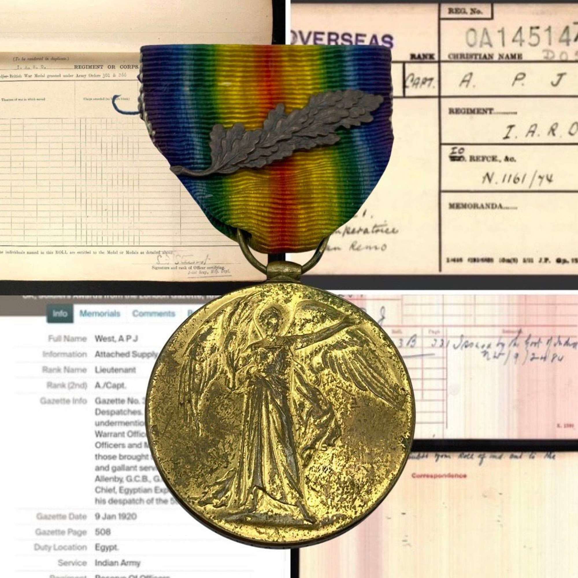 WW1 Victory Medal & MID Oak Leaf To Captain A P J West  Indian Army
