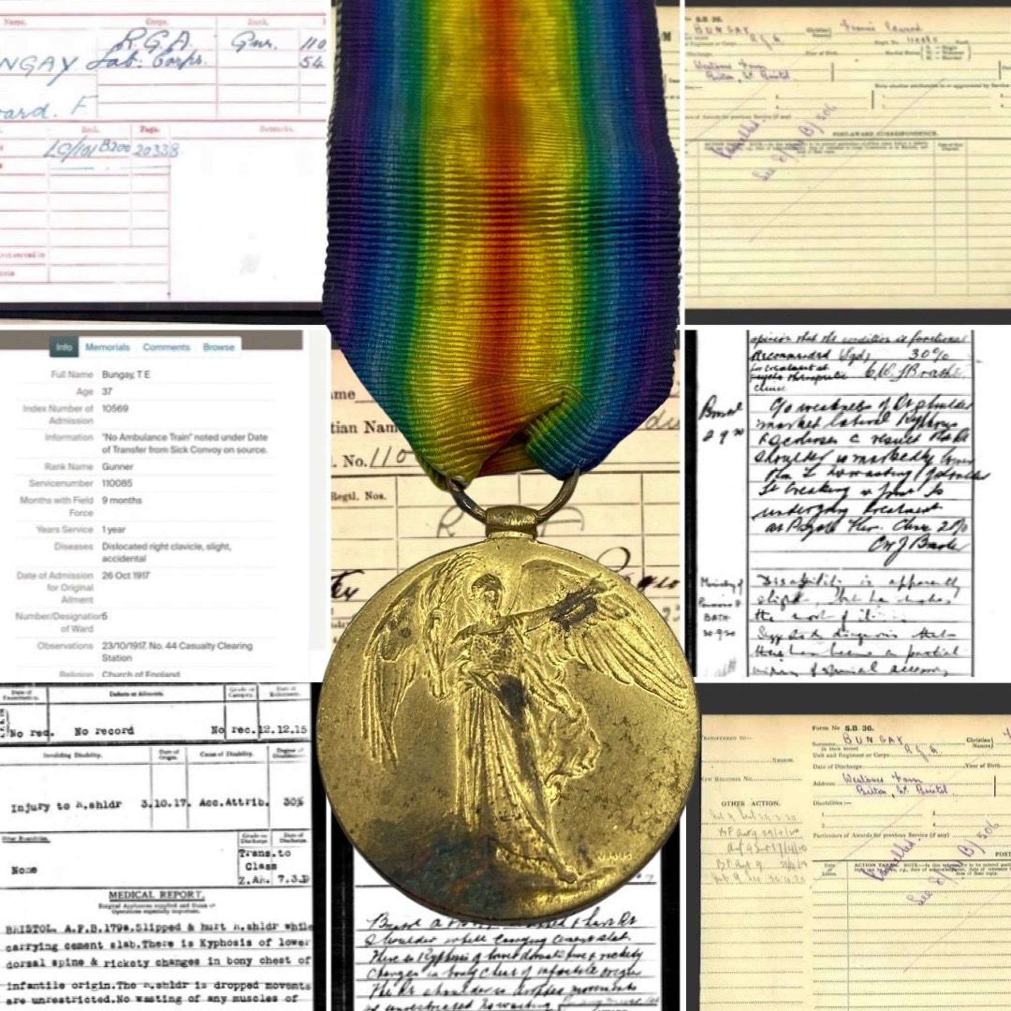 WW1 Victory Medal To Gnr E F Bungay Royal Artillery Accidental Injury