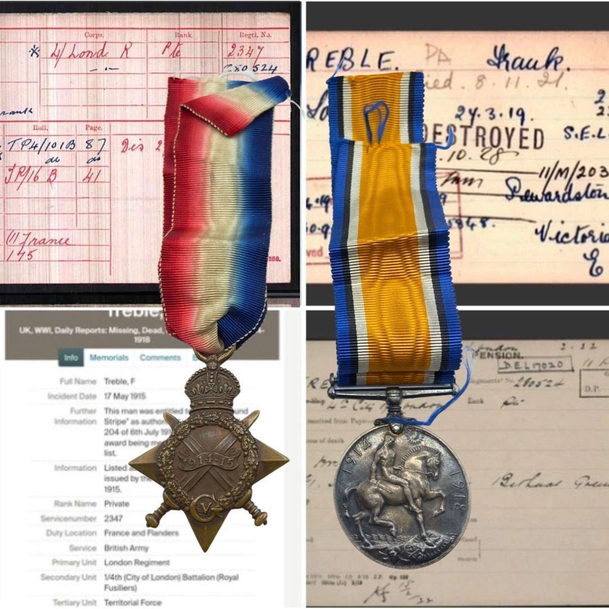 WW1 British Medal Duo To Pte F Treble 1/4th Battalion Royal Fusiliers