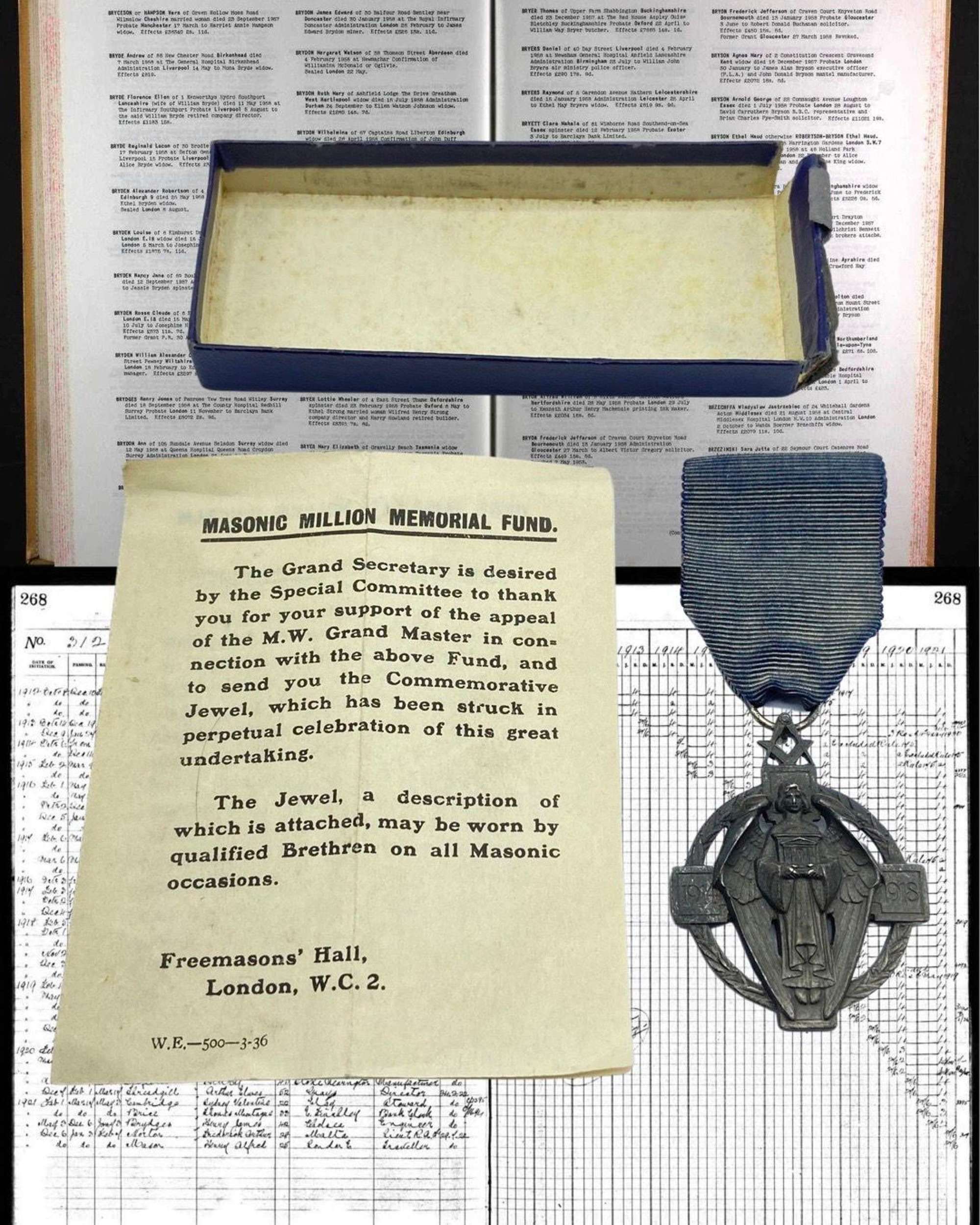 WW1 Silver Hallmarked Masonic Million Memorial Fund Jewel & Research