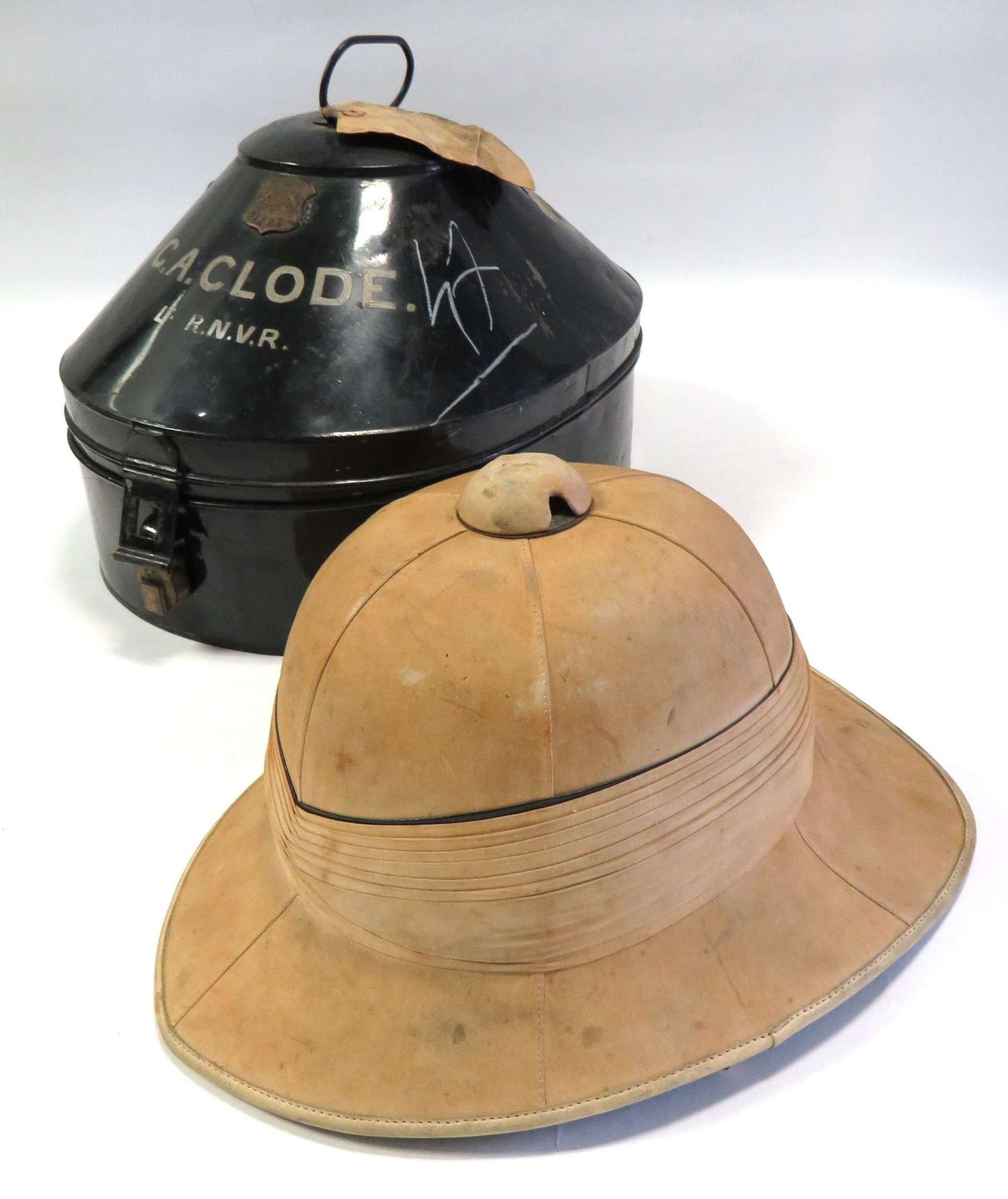 WW1-Interwar Attributed Royal Navy Officers Pith Helmet in Transit Tin
