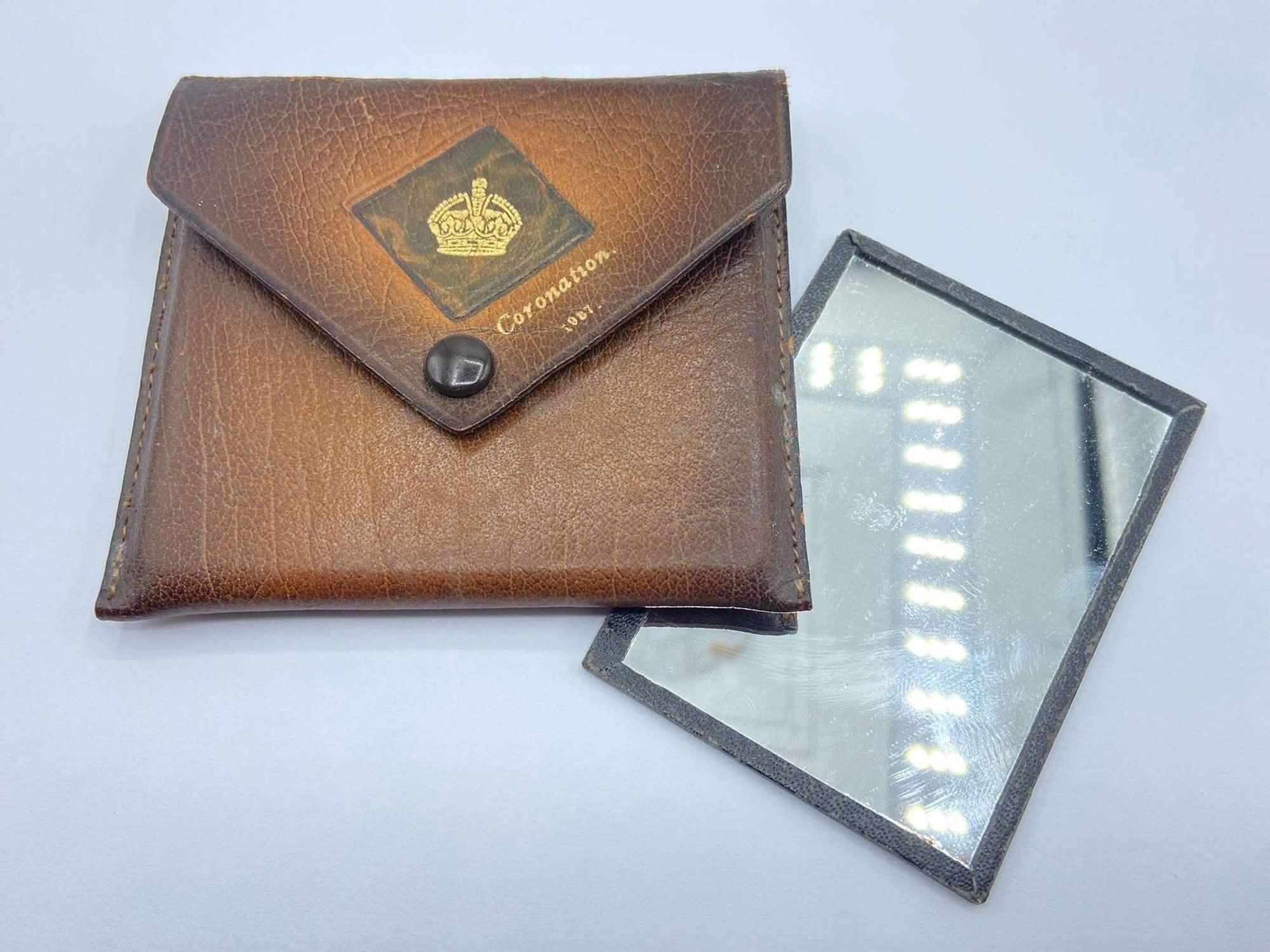 Pre WW2 1937 Coronation Souvenir Leather & Gold Leaf Mirror & Case