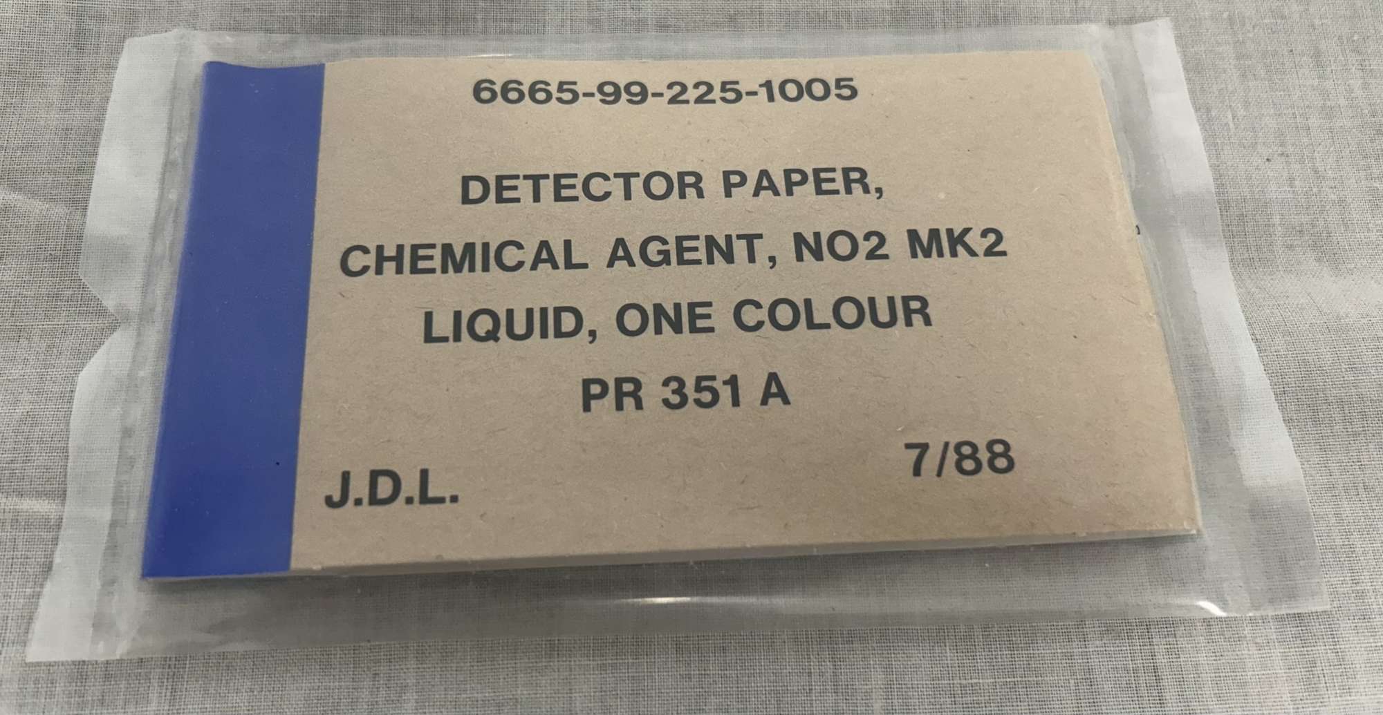 British Military NBC Detector Paper, No.2, Mk2 Liquid, One Colour, PR351A, 7/88