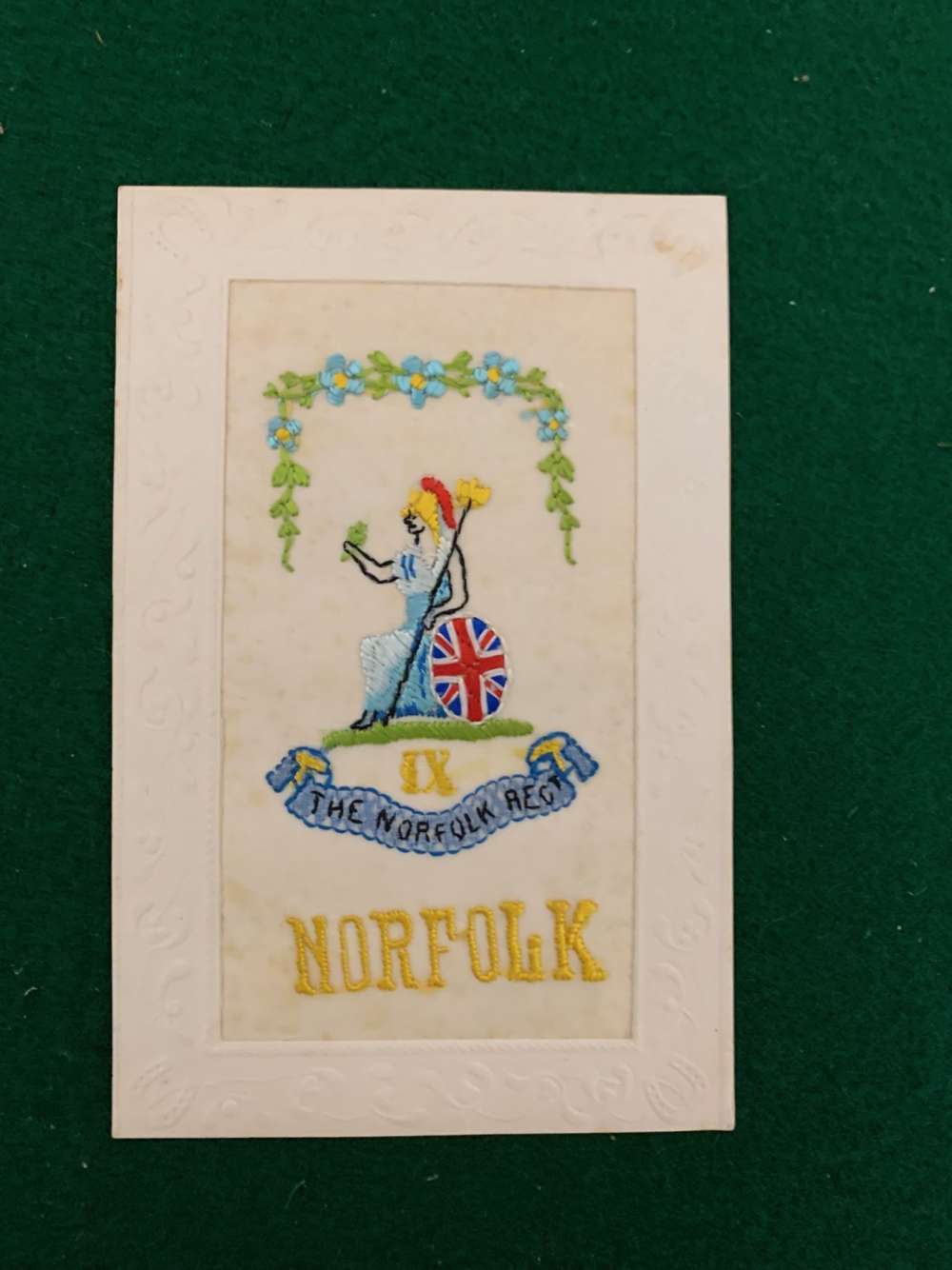 WORLD WAR ONE NORFOLK SILK EMBROIDERED CARD