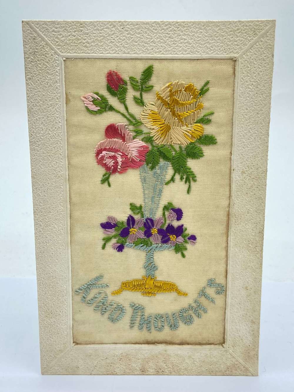 WW1 Embroidered &ldquo;Kind Thoughts&rdquo; Flower Bouquet Silk Postcard