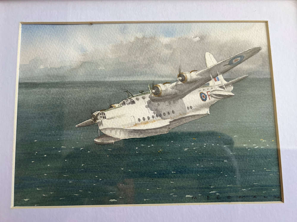 Short Sunderland Watercolour by Martin Perman - Sub Hunter 