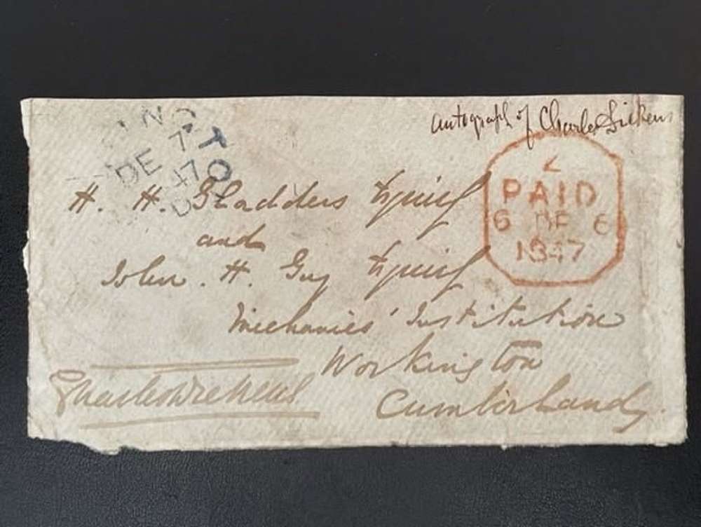 CHARLES DICKENS HAND WRITTEN, PART ENVELOPE AUTOGRAPH