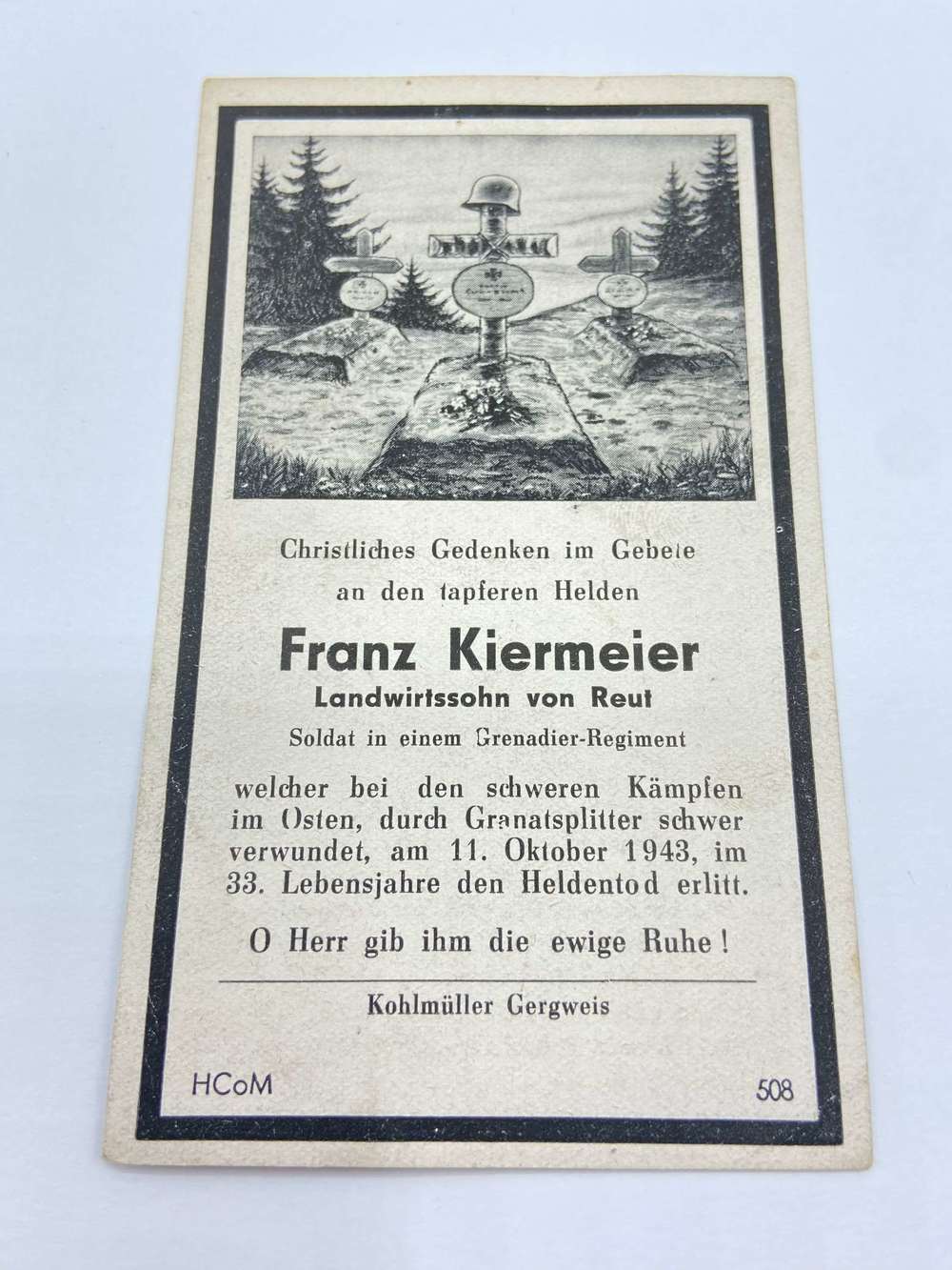 WW2 German Franz Kiermeir Grenadier Reg Kia 11th Oct 1943 In The East
