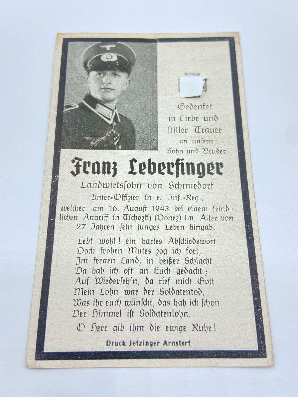 WW2 German Officer Franz Leberfinger Inf Kia Donbas Offensive Death Ca