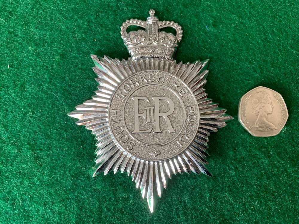 OBSOLETE SOUTH YORKSHIRE POLICE HELMET PLATE. free post UK.