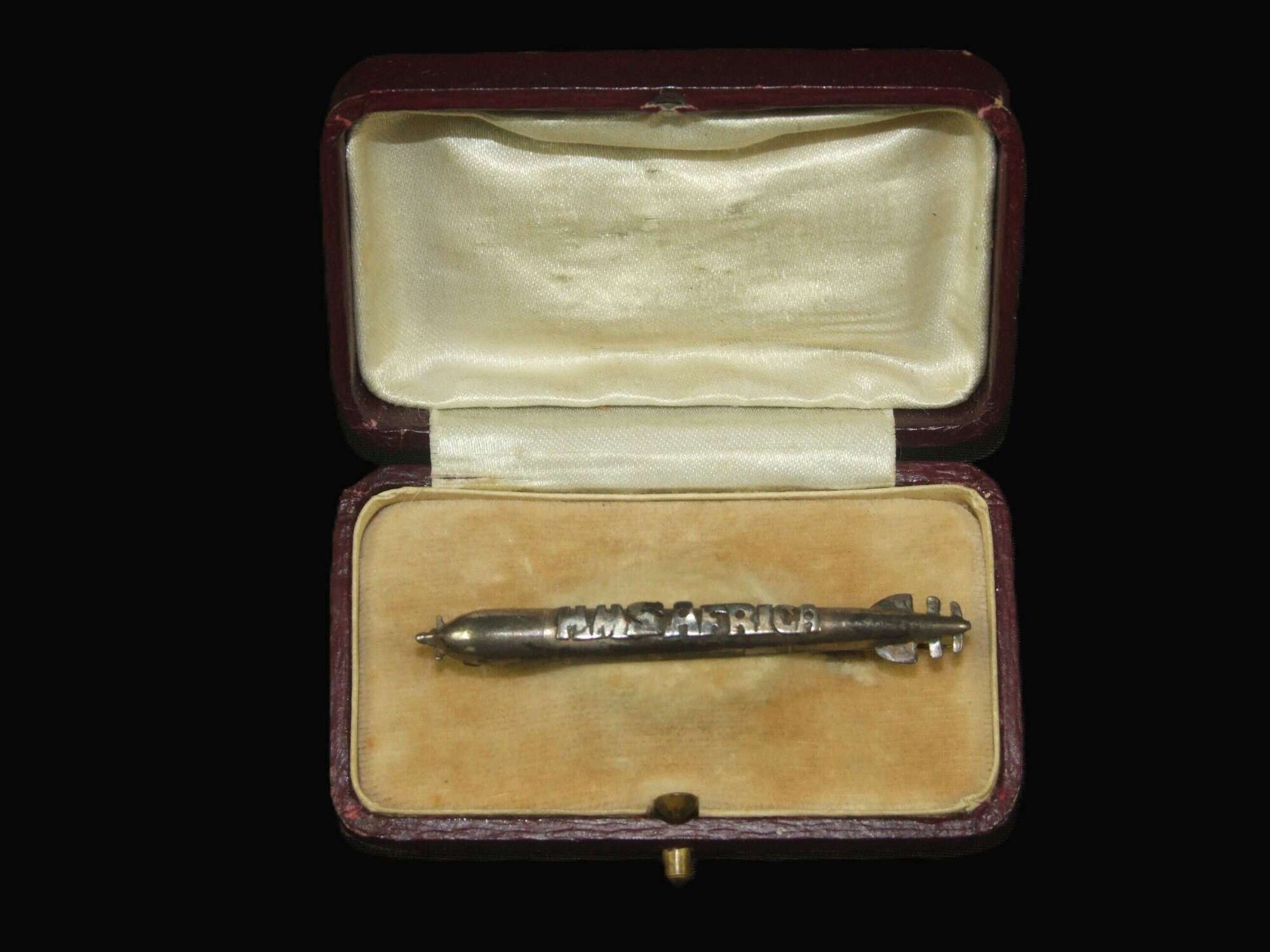 Hallmarked Silver WWI HMS AFRICA Torpedo Sweetheart Brooch with Original Case.