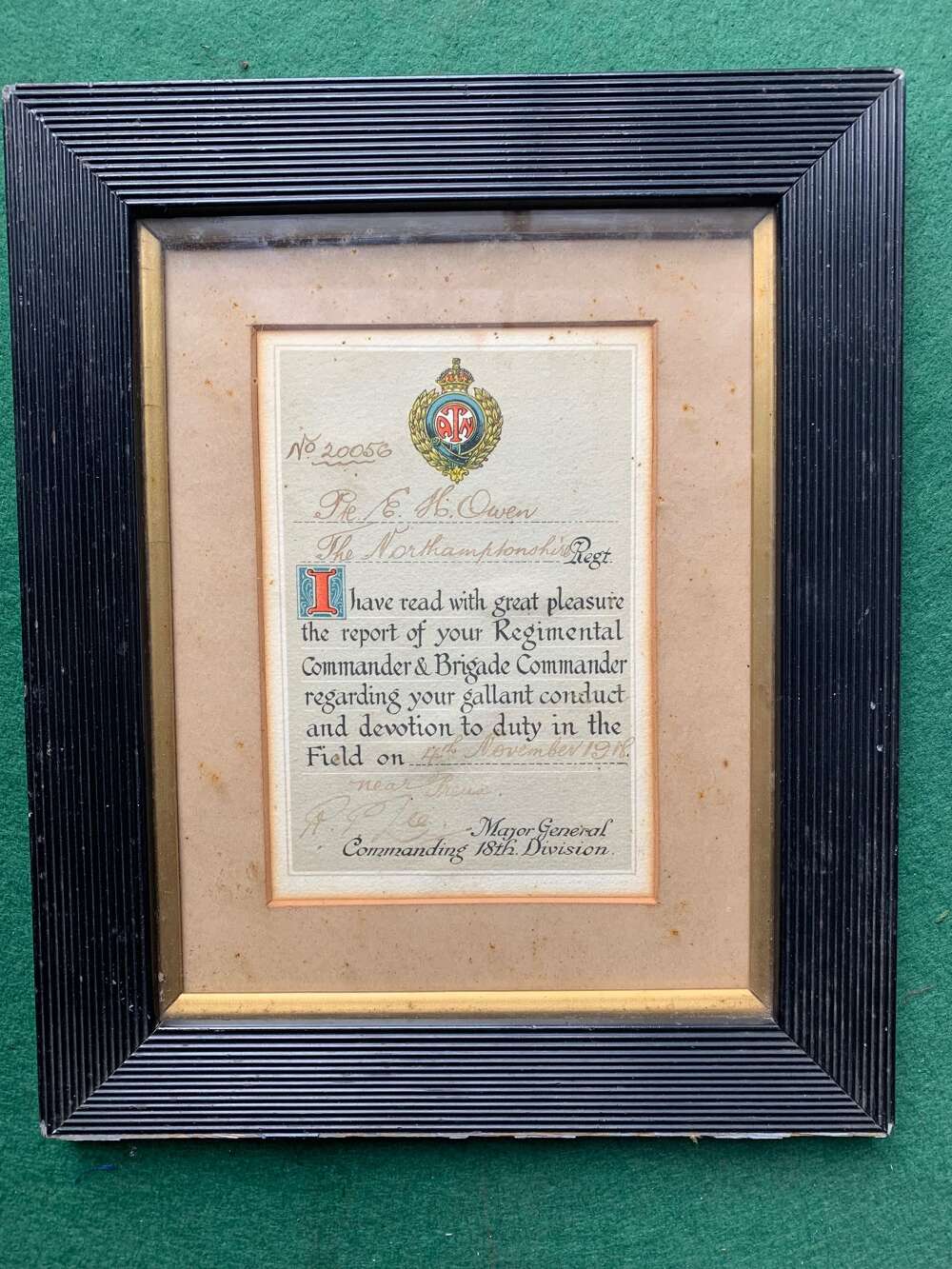 FRAMED CITATION FOR E.H.OWEN DCM NORTHAMPTONSHIRE REGIMENT see other photos.